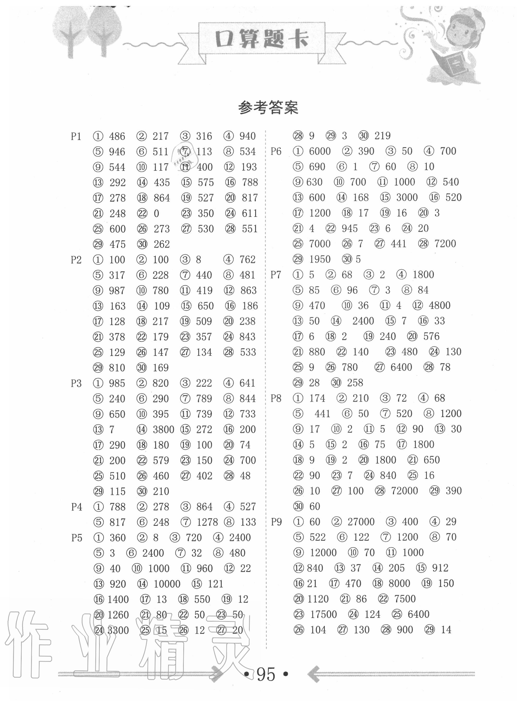 2020年口算题卡四年级下册人教版中州古籍出版社 第1页