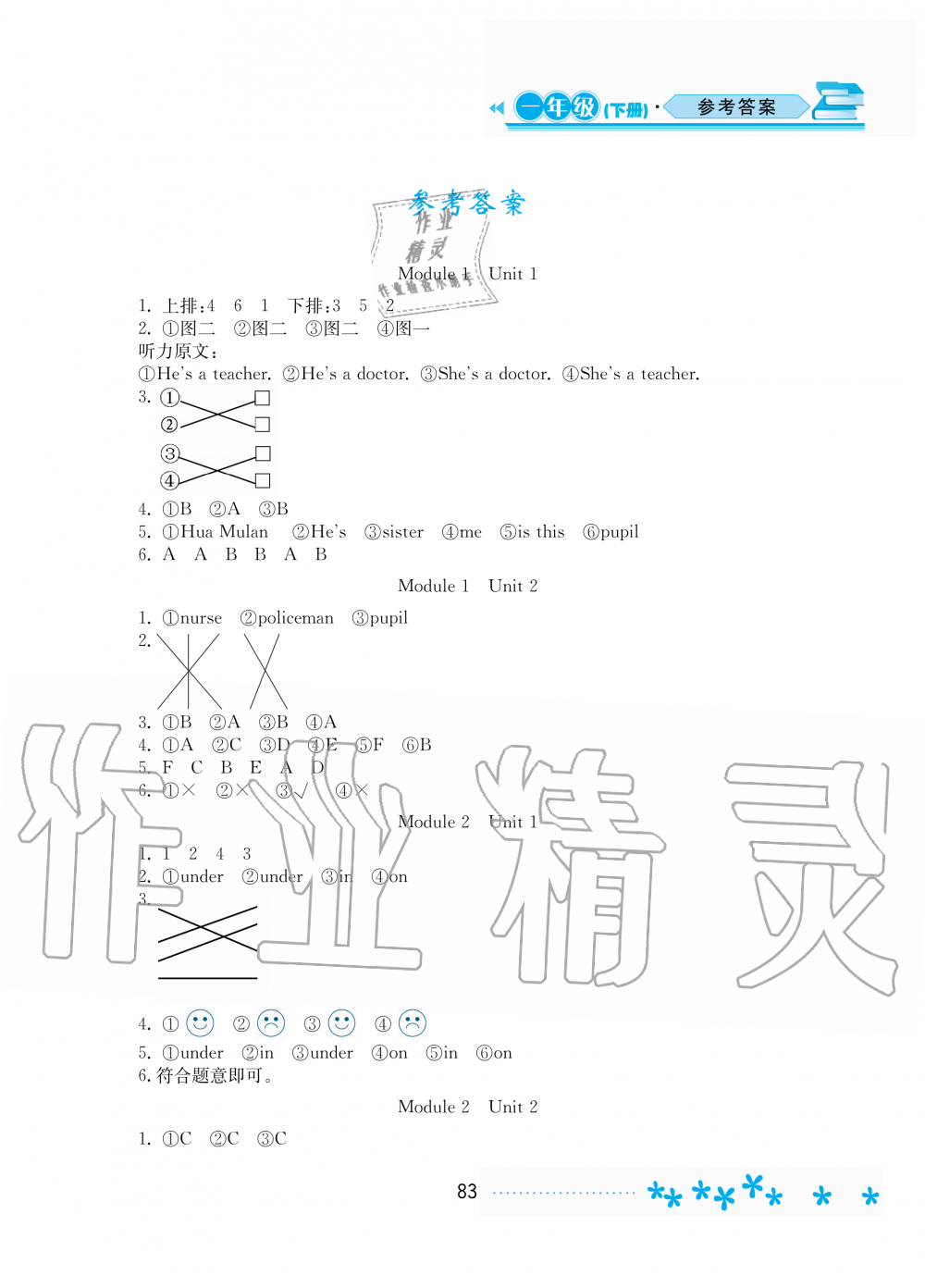 2020年資源與評(píng)價(jià)一年級(jí)英語下冊(cè)外研版 參考答案第1頁