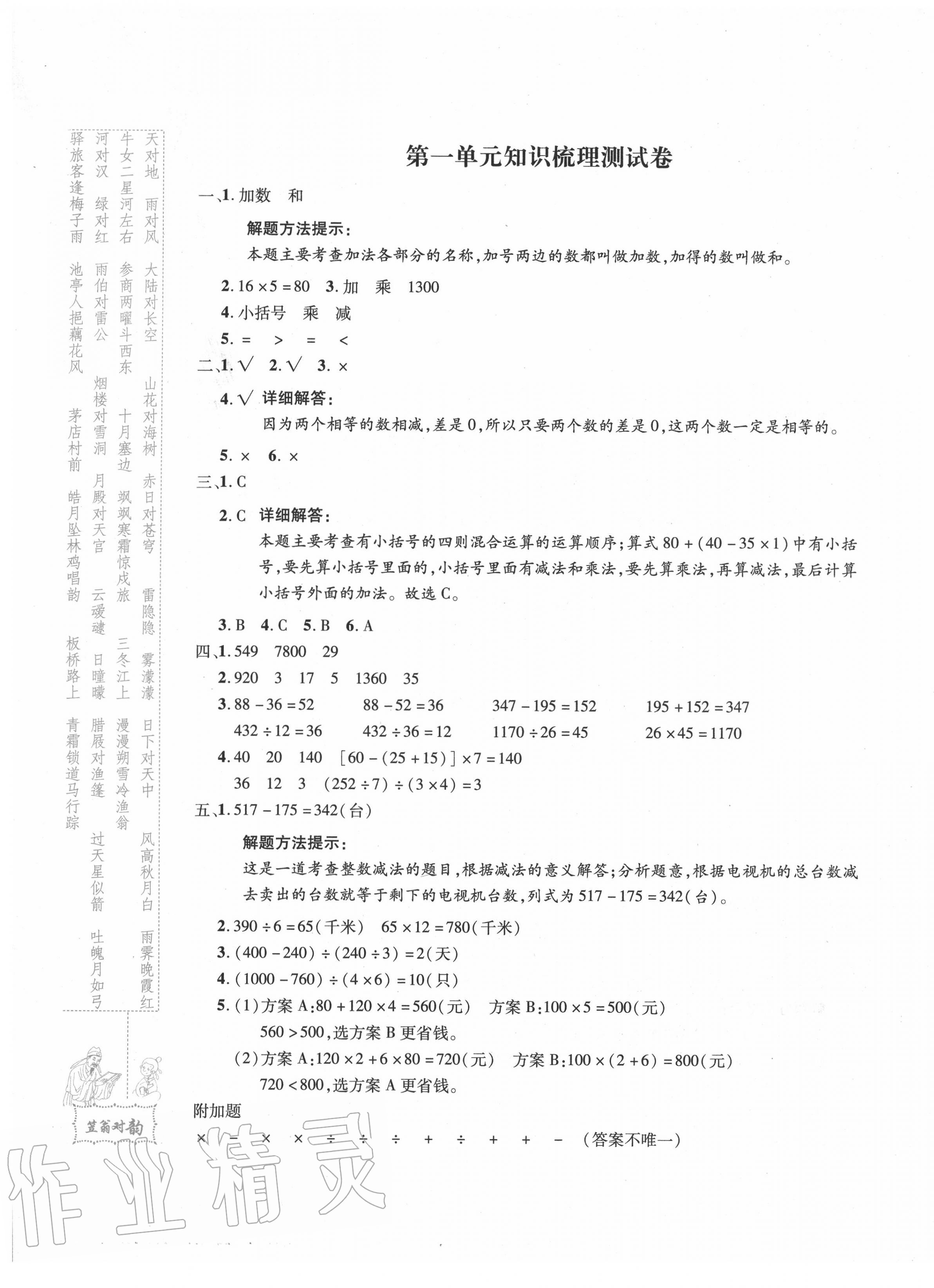 2020年優(yōu)品金題卷四年級(jí)數(shù)學(xué)下冊(cè)人教版 參考答案第1頁