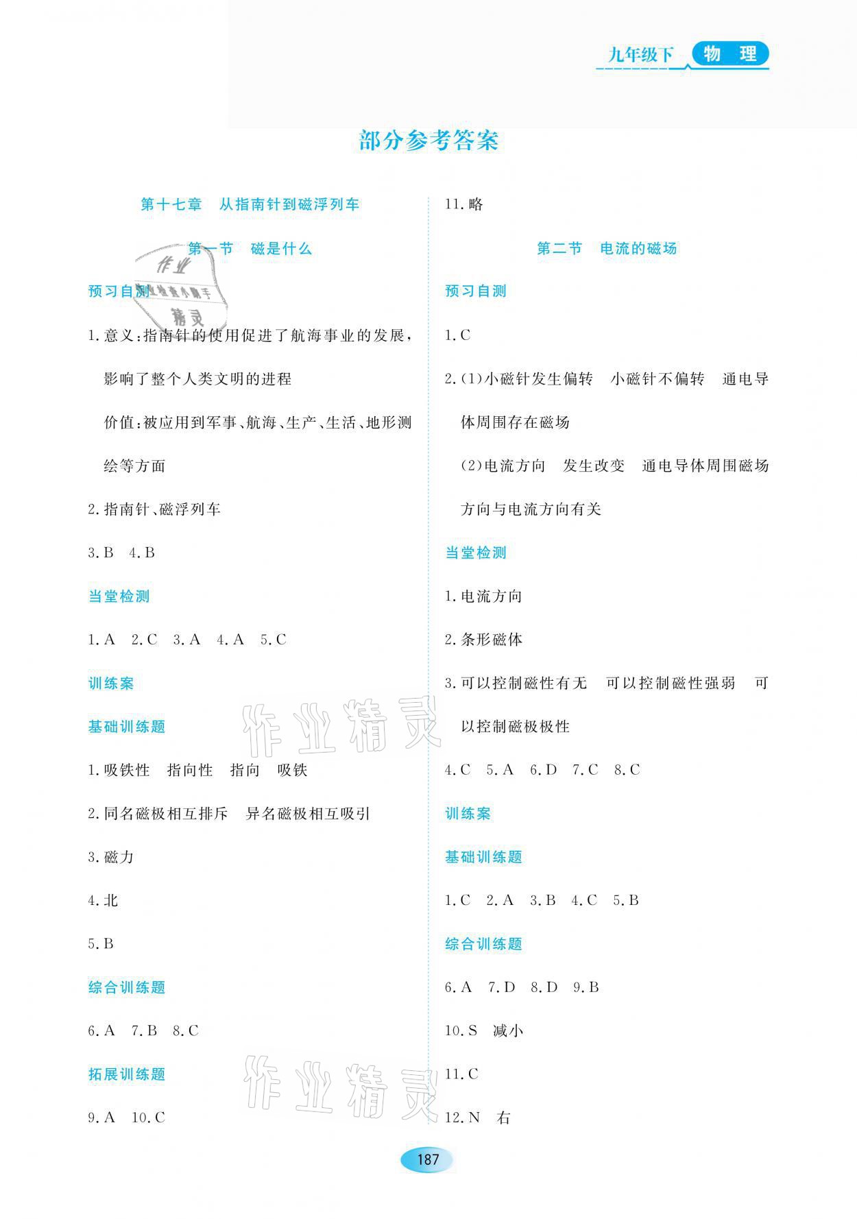 2020年資源與評價(jià)九年級物理下冊教科版 參考答案第1頁