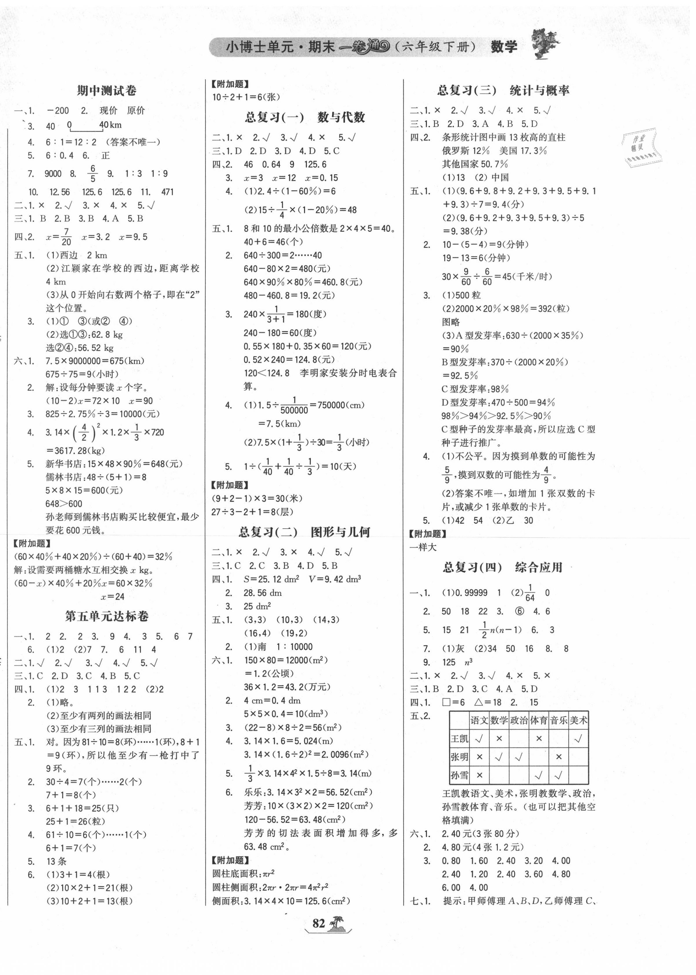 2020年世纪金榜小博士单元期末一卷通六年级数学下册人教版 第2页