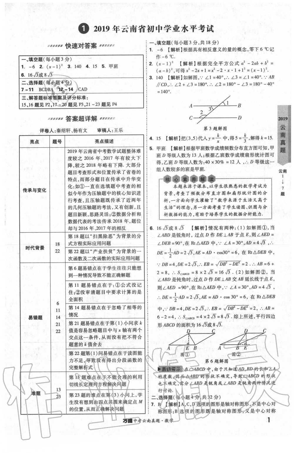 2020年萬唯中考云南真題數學 第1頁