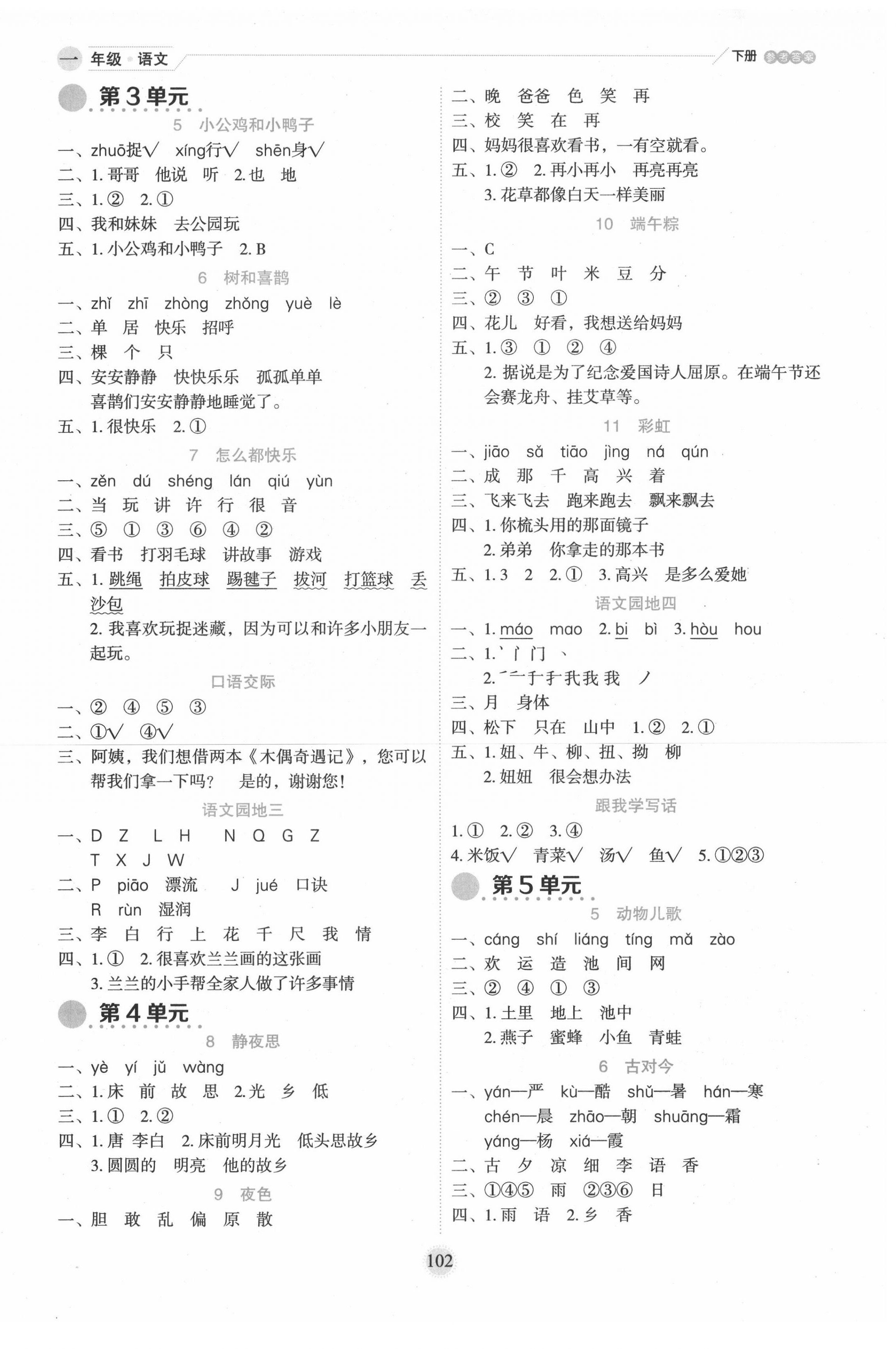 2020年優(yōu)秀生作業(yè)本一年級語文下冊人教版 參考答案第2頁