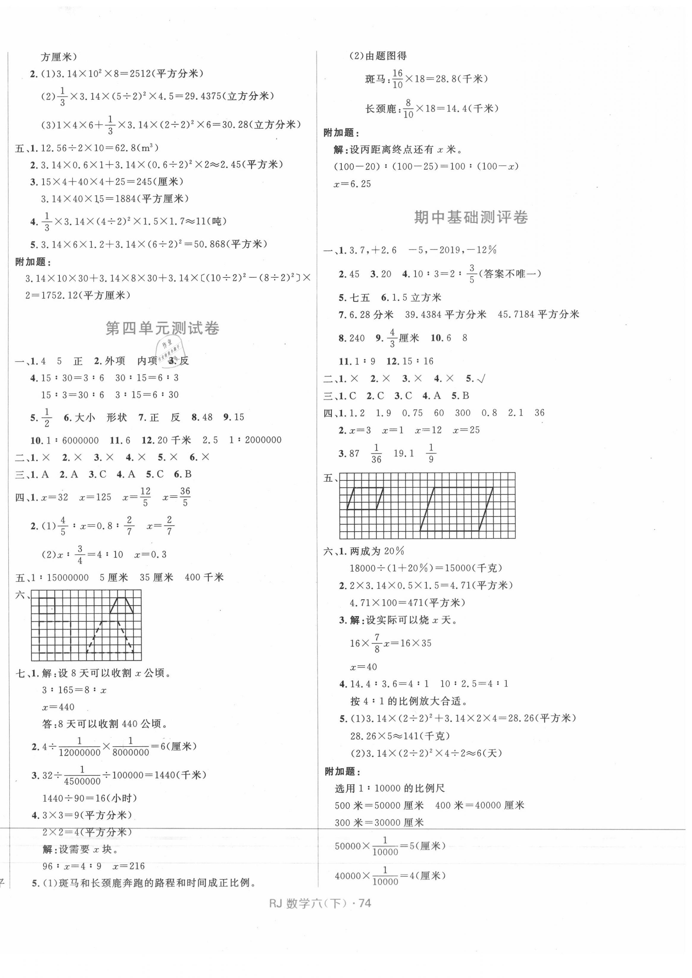 2020年贏在起跑線天天100分小學(xué)優(yōu)化測(cè)試卷六年級(jí)數(shù)學(xué)下冊(cè)人教版 參考答案第2頁(yè)