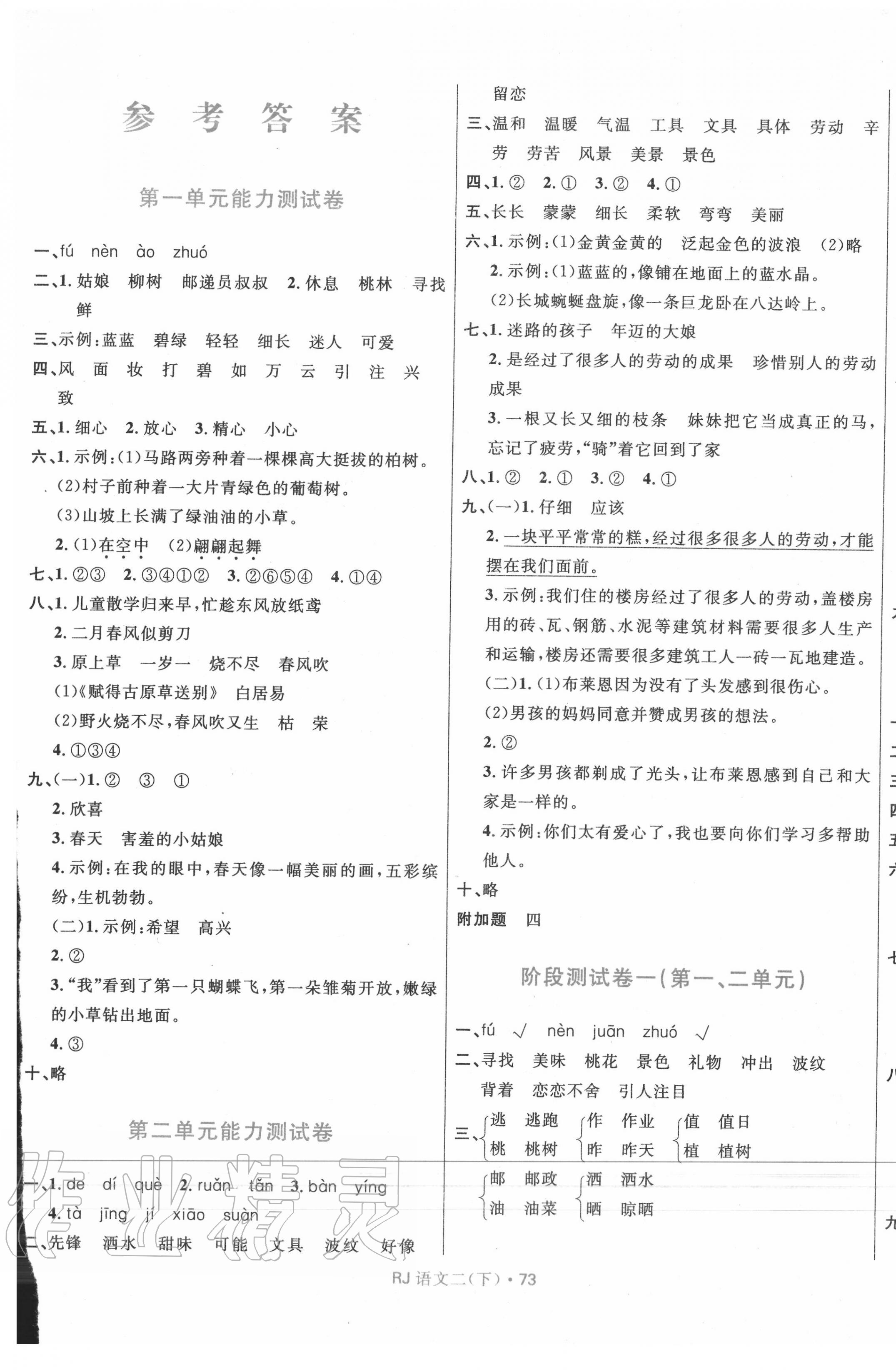 2020年贏在起跑線天天100分小學(xué)優(yōu)化測試卷二年級語文下冊人教版 參考答案第1頁