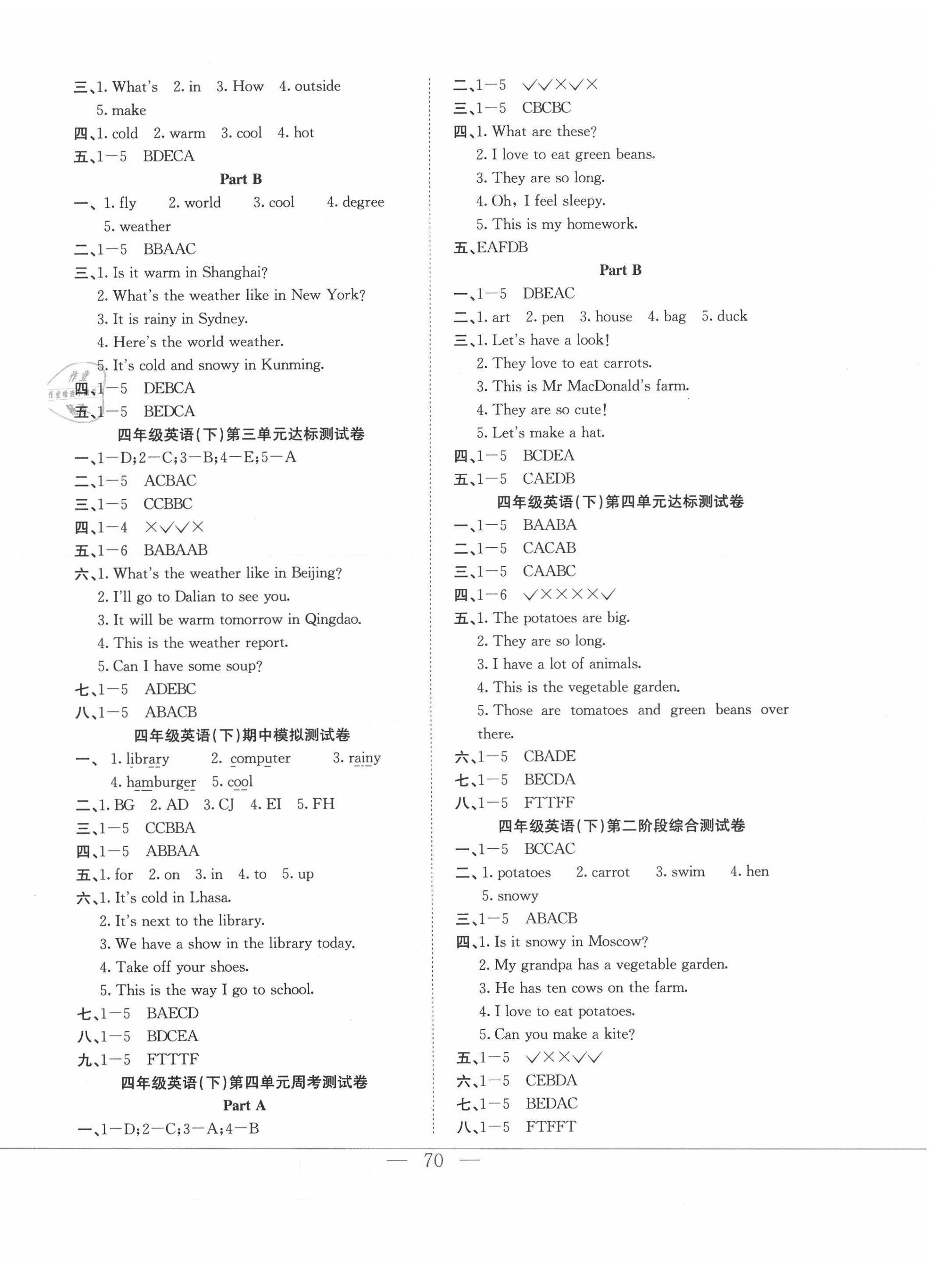 2020年阳光全优大考卷四年级英语下册人教版 参考答案第2页