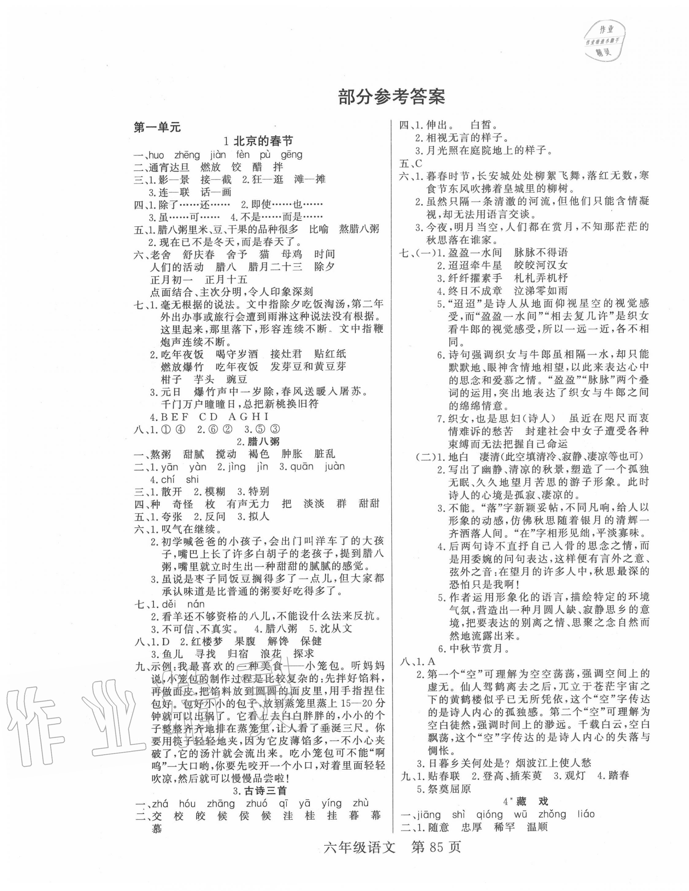 2020年淘金先锋课堂六年级语文下册人教版 参考答案第1页