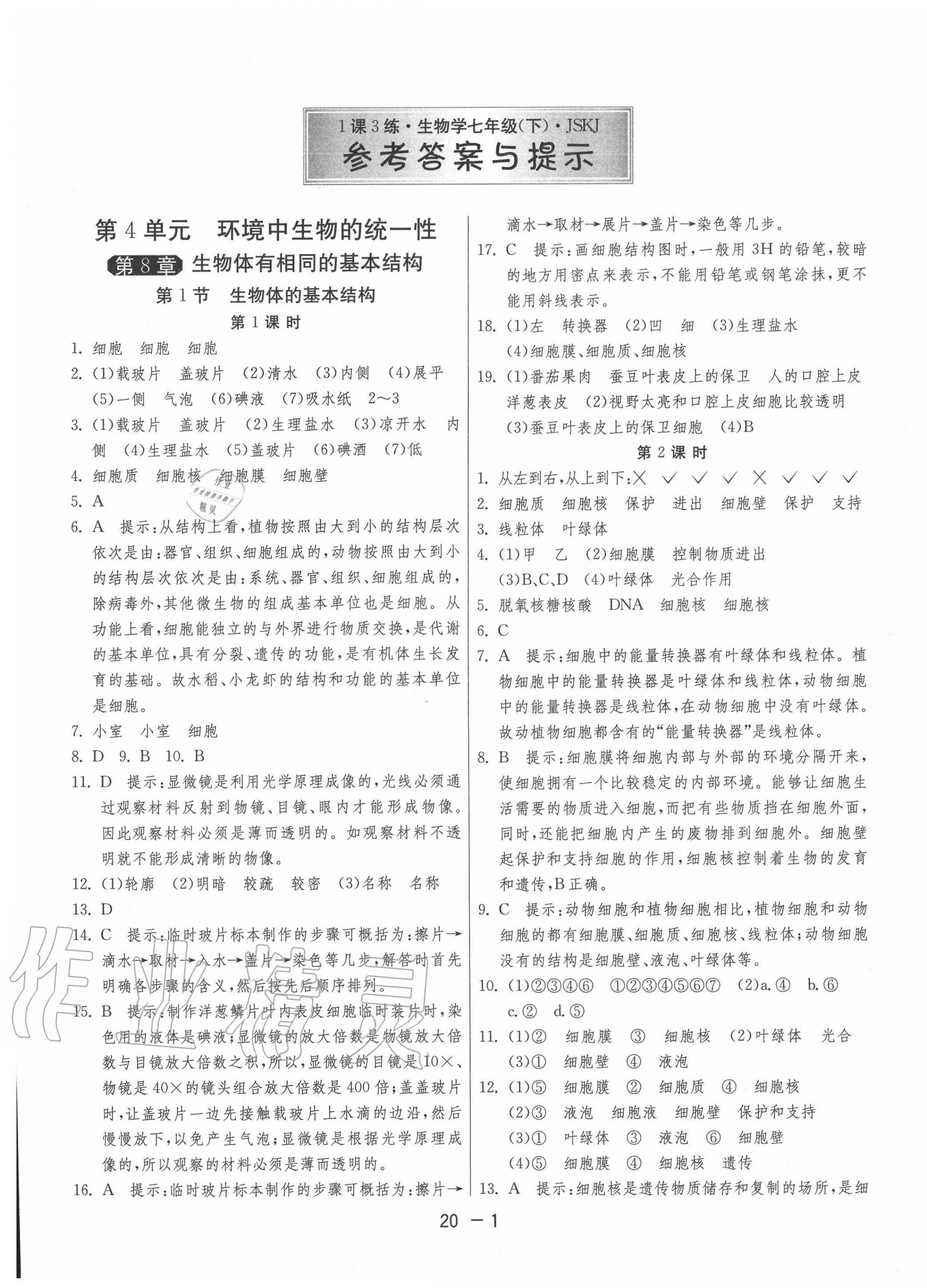 2020年1课3练单元达标测试七年级生物下册苏科版 第1页