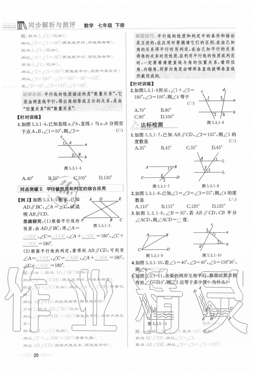 2020年人教金学典同步解析与测评七年级数学下册人教版云南专版 参考答案第20页