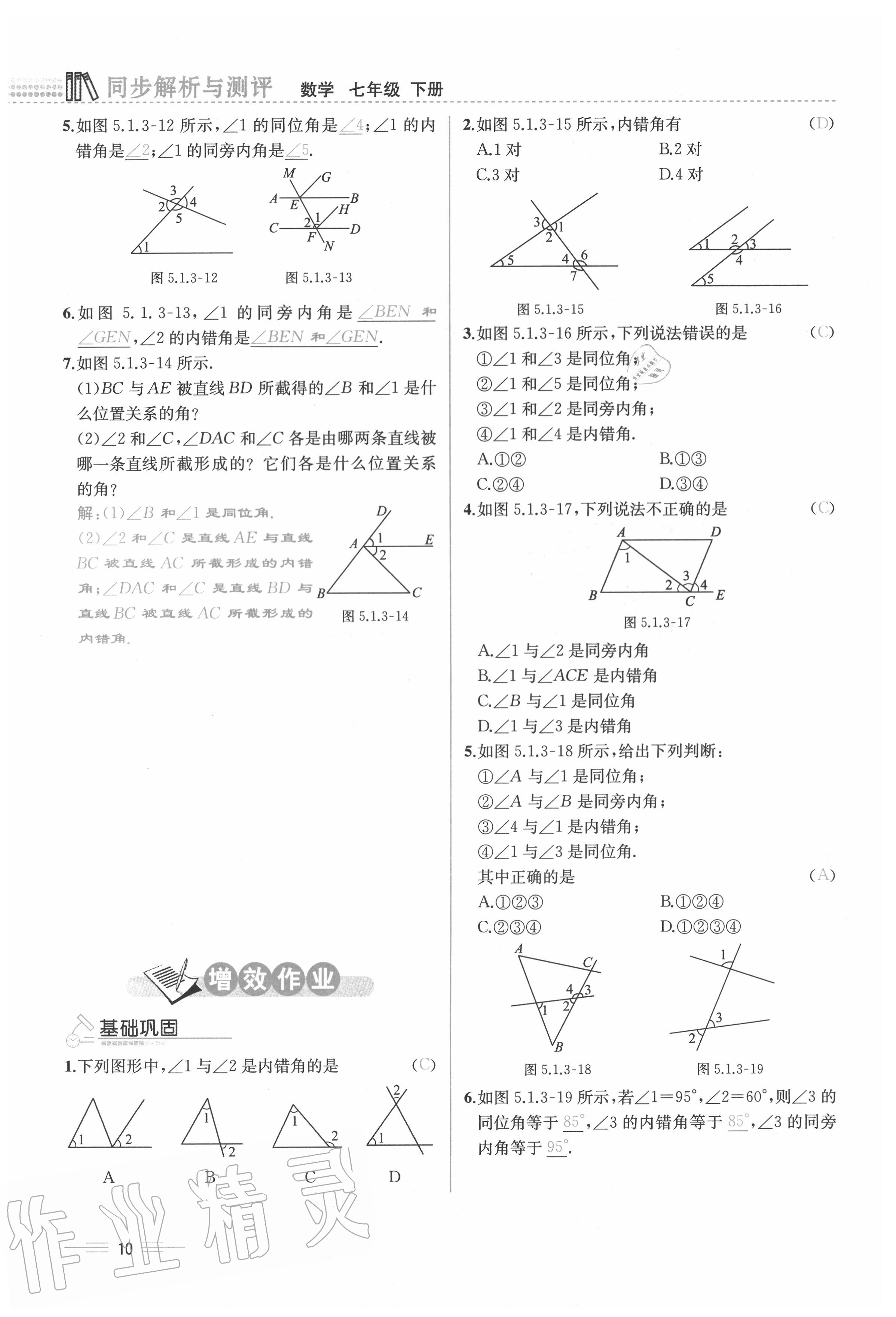 2020年人教金学典同步解析与测评七年级数学下册人教版云南专版 参考答案第10页