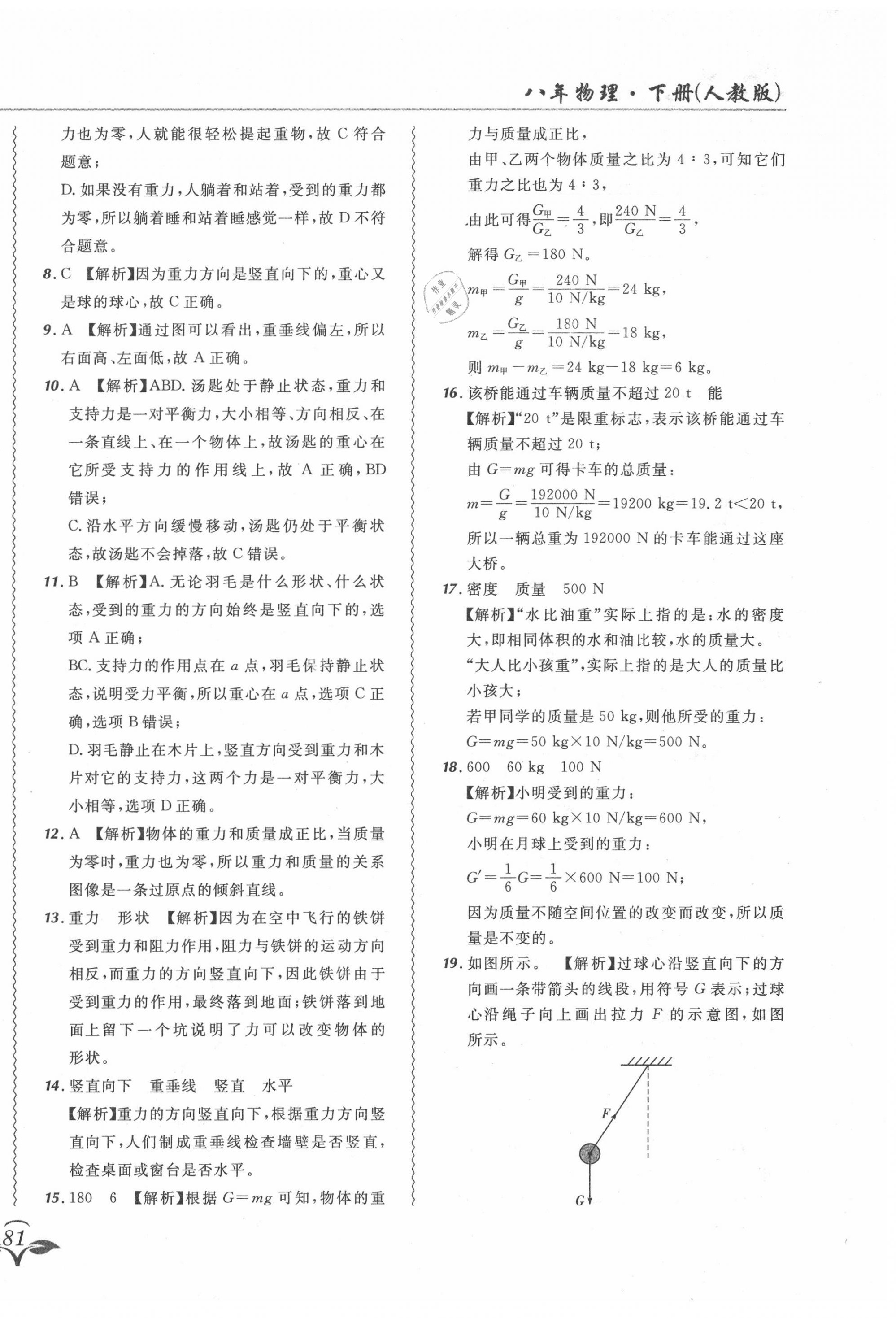 2020年北大绿卡课课大考卷八年级物理下册人教版 参考答案第6页