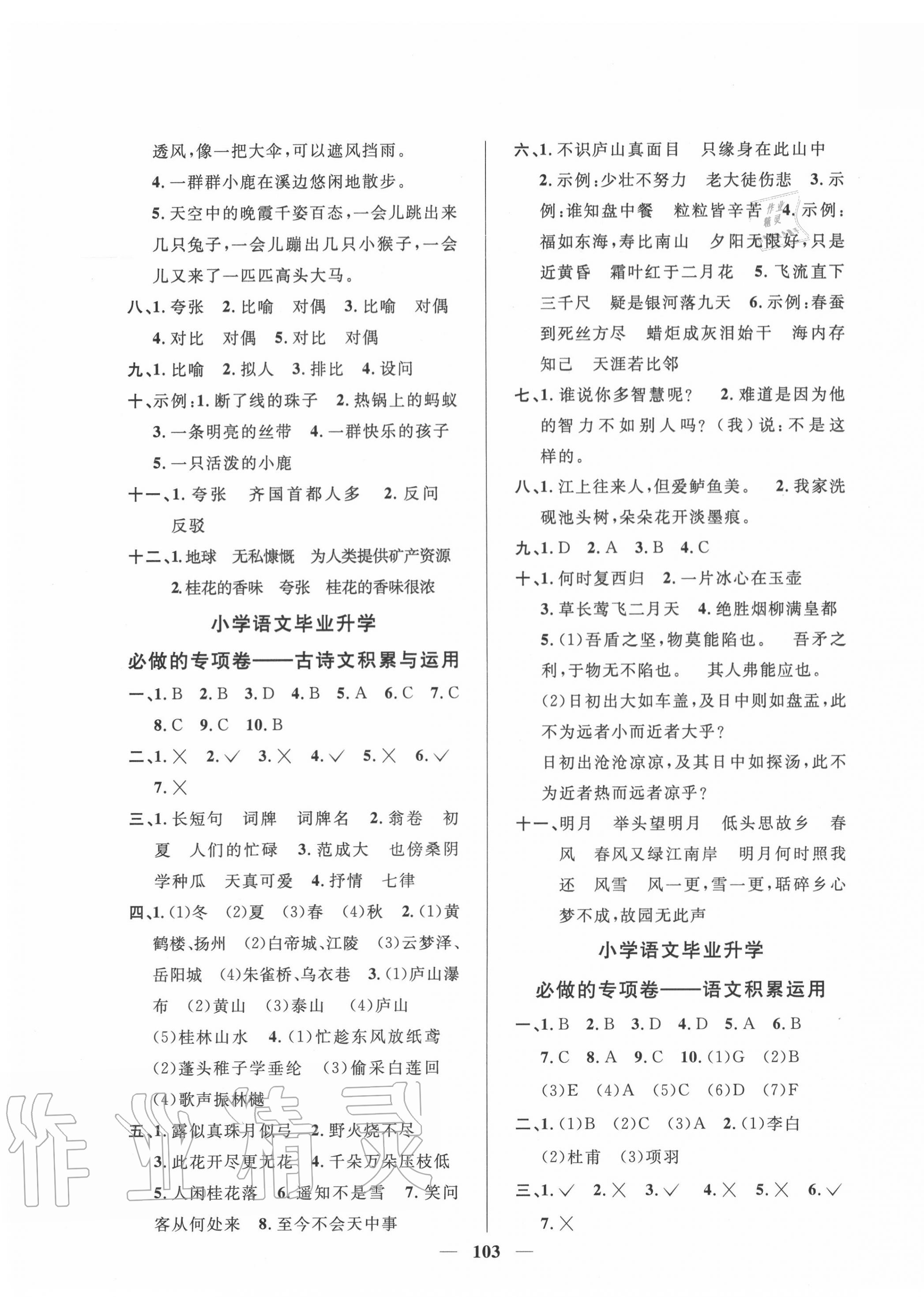 2020年小學畢業升學復習專項卷和真題卷語文臺州專版 第3頁