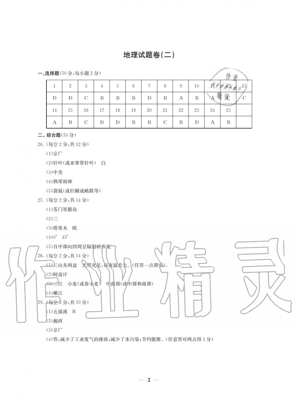 2020年初中總復(fù)習(xí)模擬考試檢測卷地理 參考答案第2頁