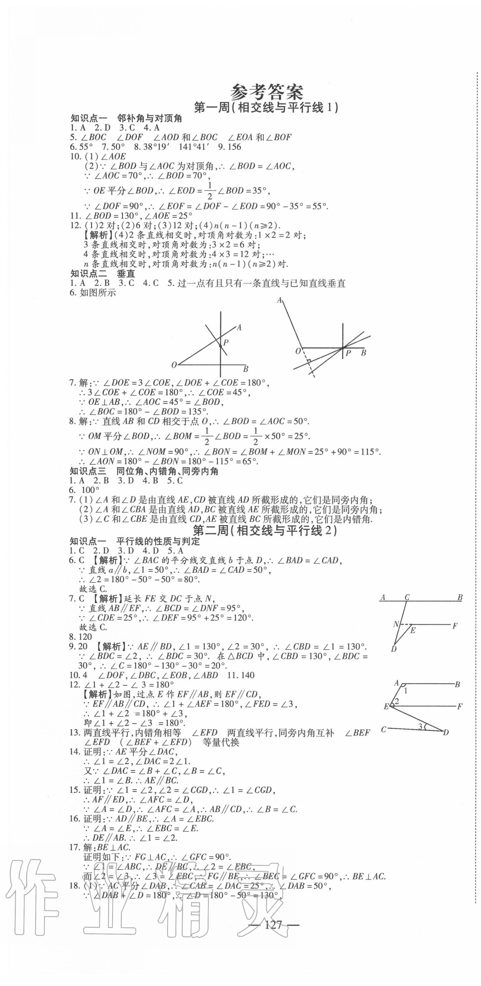 2020年巅峰训练周周测七年级数学下册人教版 参考答案第1页