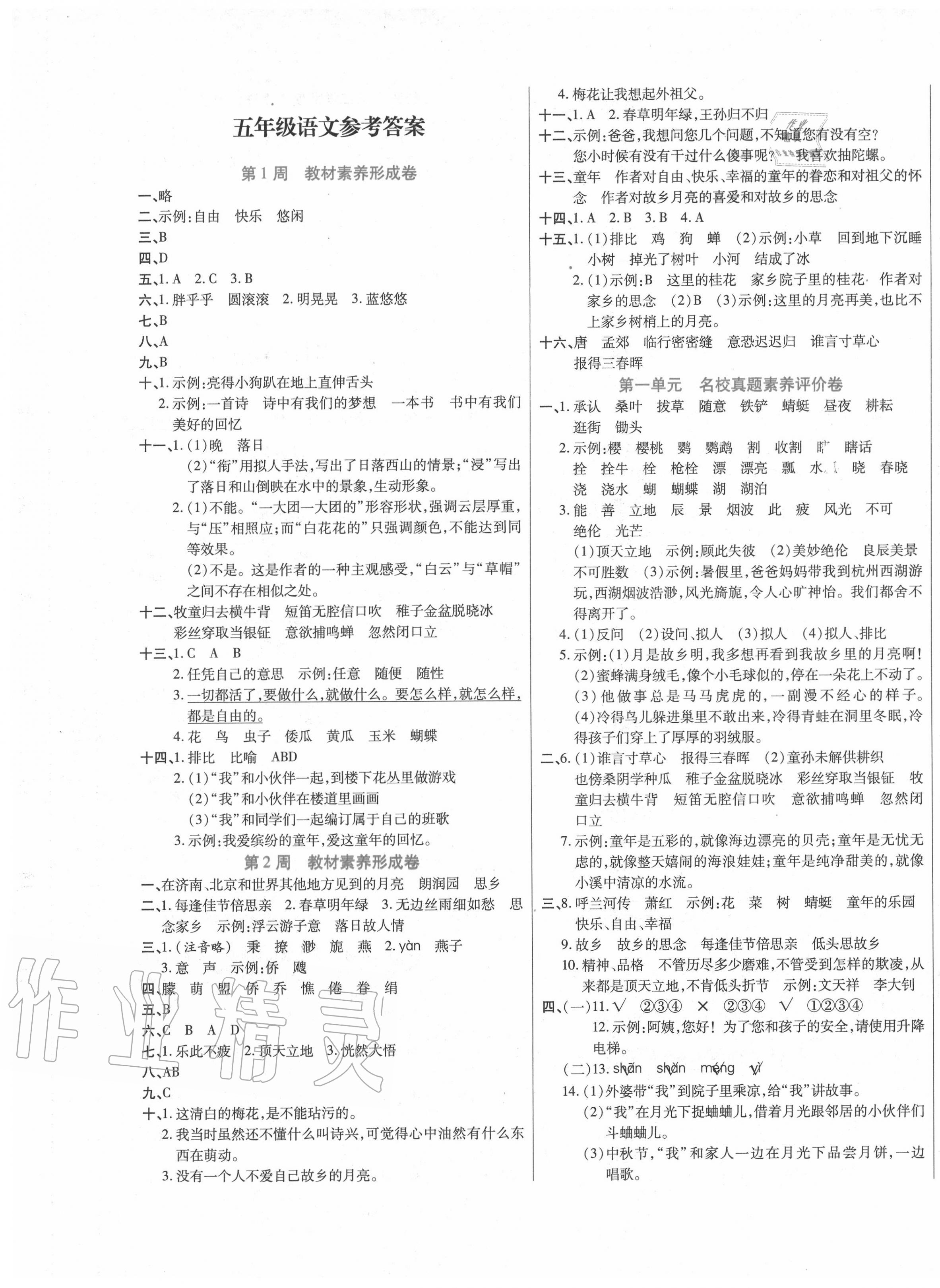 2020年做對題五年級語文下冊人教版 第1頁