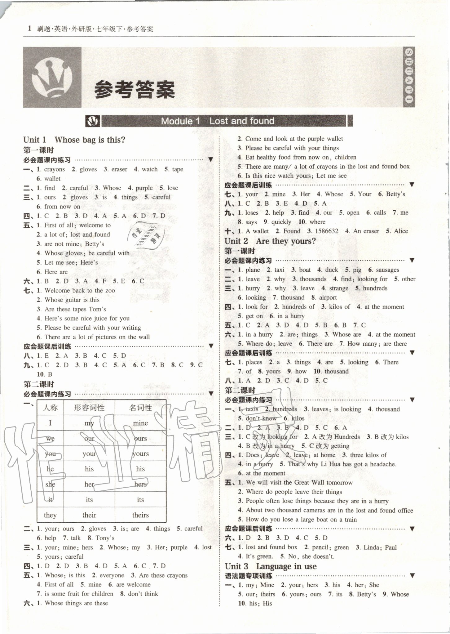 2020年北大綠卡刷題七年級(jí)英語(yǔ)下冊(cè)外研版 參考答案第1頁(yè)