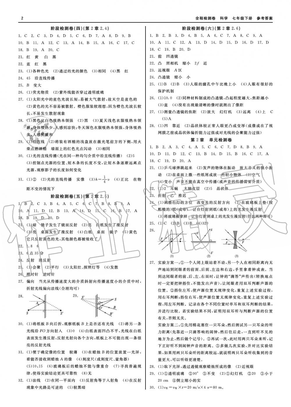 2020年精彩練習全程檢測卷七年級科學(xué)下冊人教版 參考答案第2頁