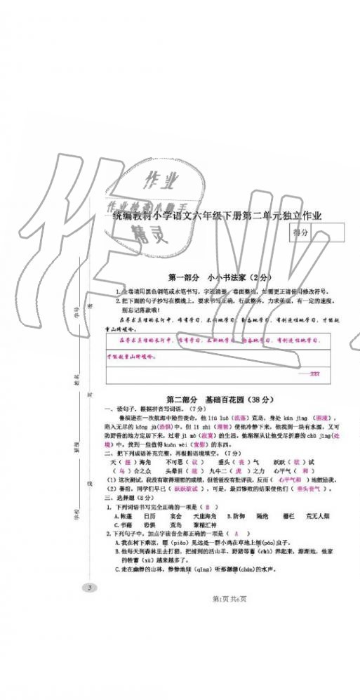 2020年綜合素質(zhì)測(cè)評(píng)卷六年級(jí)語(yǔ)文下冊(cè)人教版 第7頁(yè)