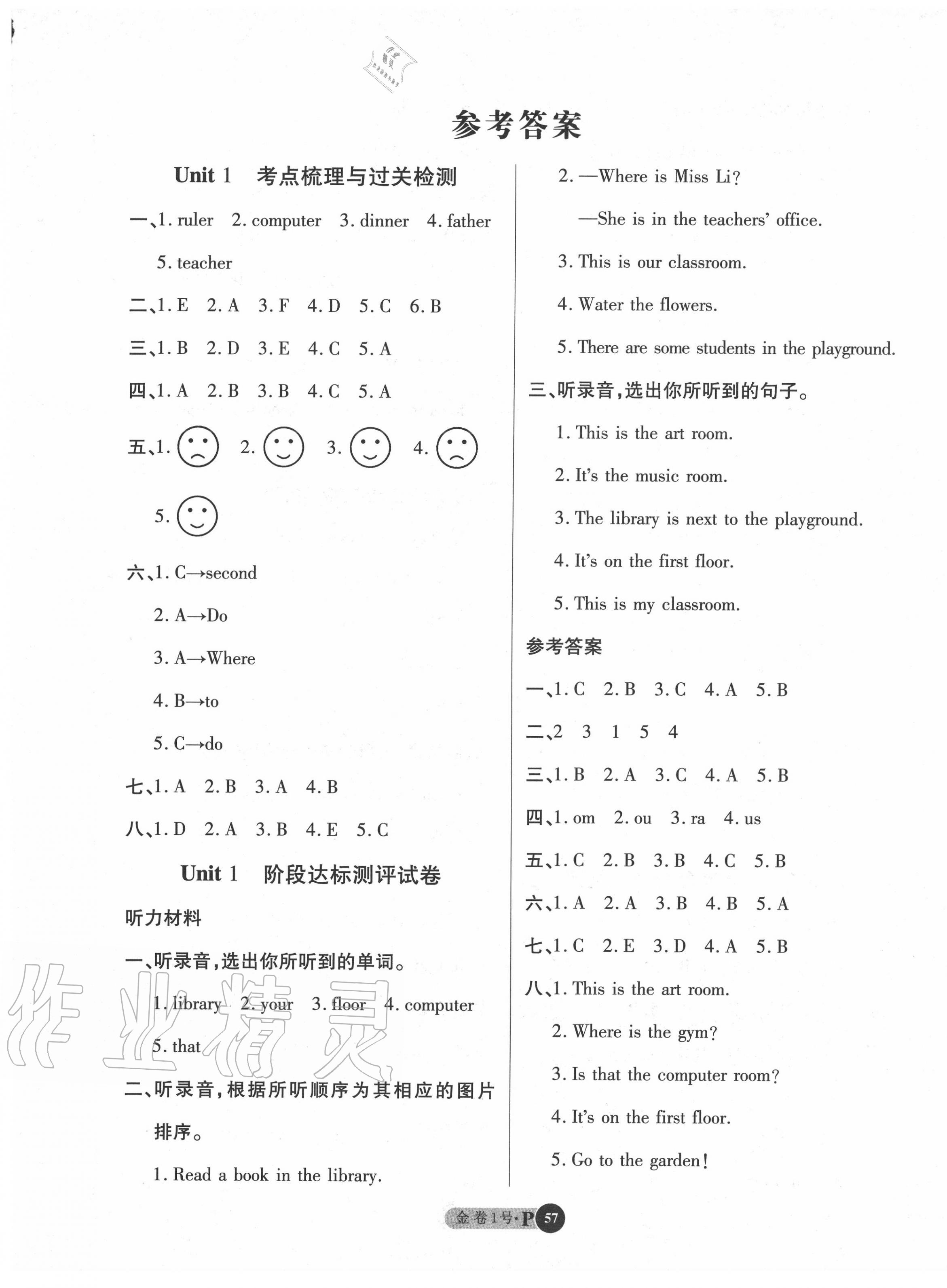 2020年培優(yōu)小狀元培優(yōu)金卷1號(hào)四年級(jí)英語(yǔ)下冊(cè)人教版 參考答案第1頁(yè)