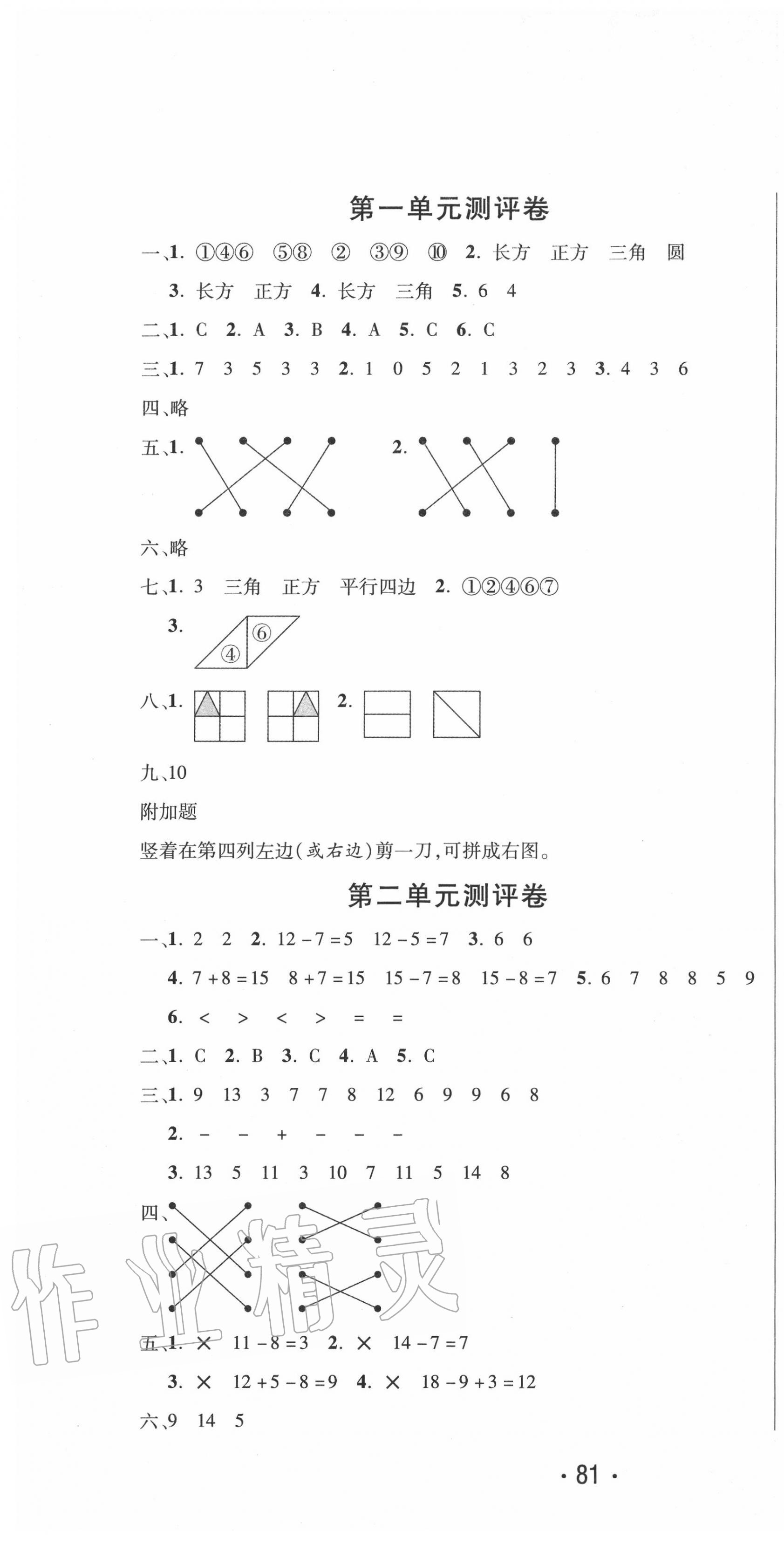 2020年创新考王完全试卷一年级数学下册人教版 参考答案第1页