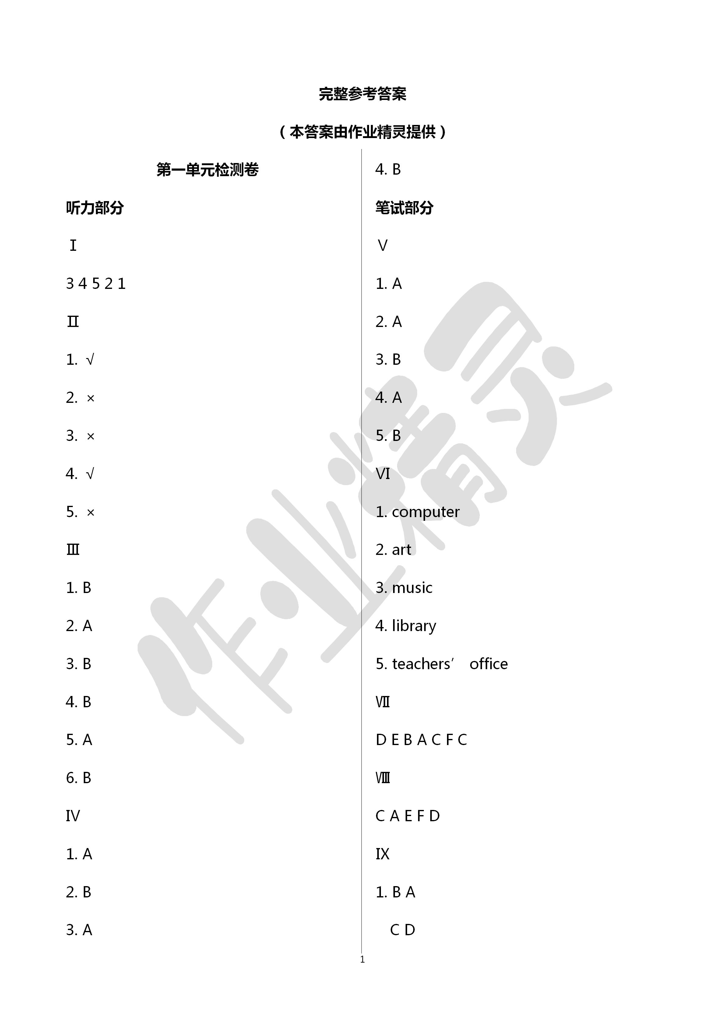 2020年單元檢測卷四年級英語下冊人教版 第1頁