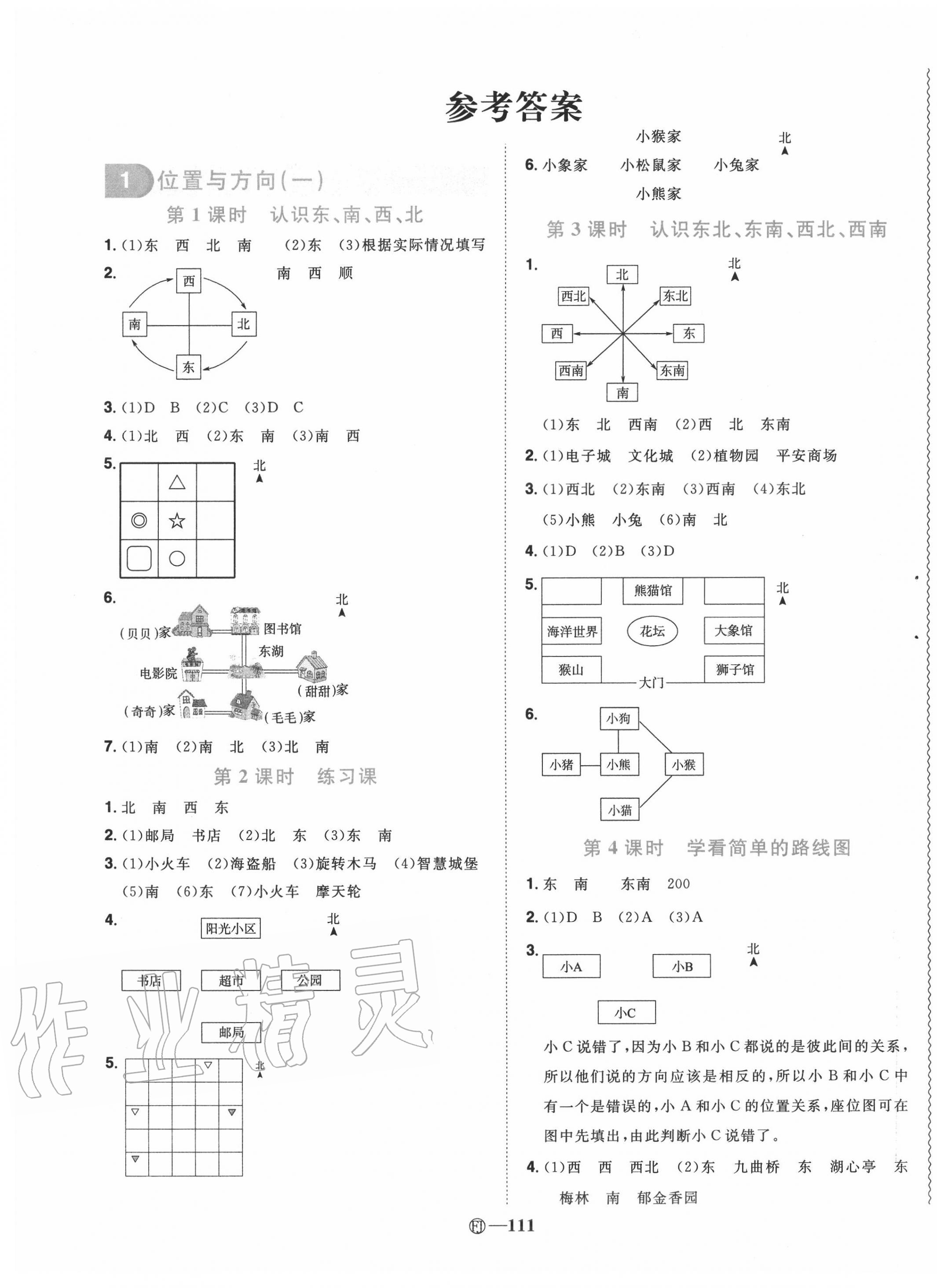 2020年阳光同学课时优化作业三年级数学下册人教版福建专版 参考答案第1页