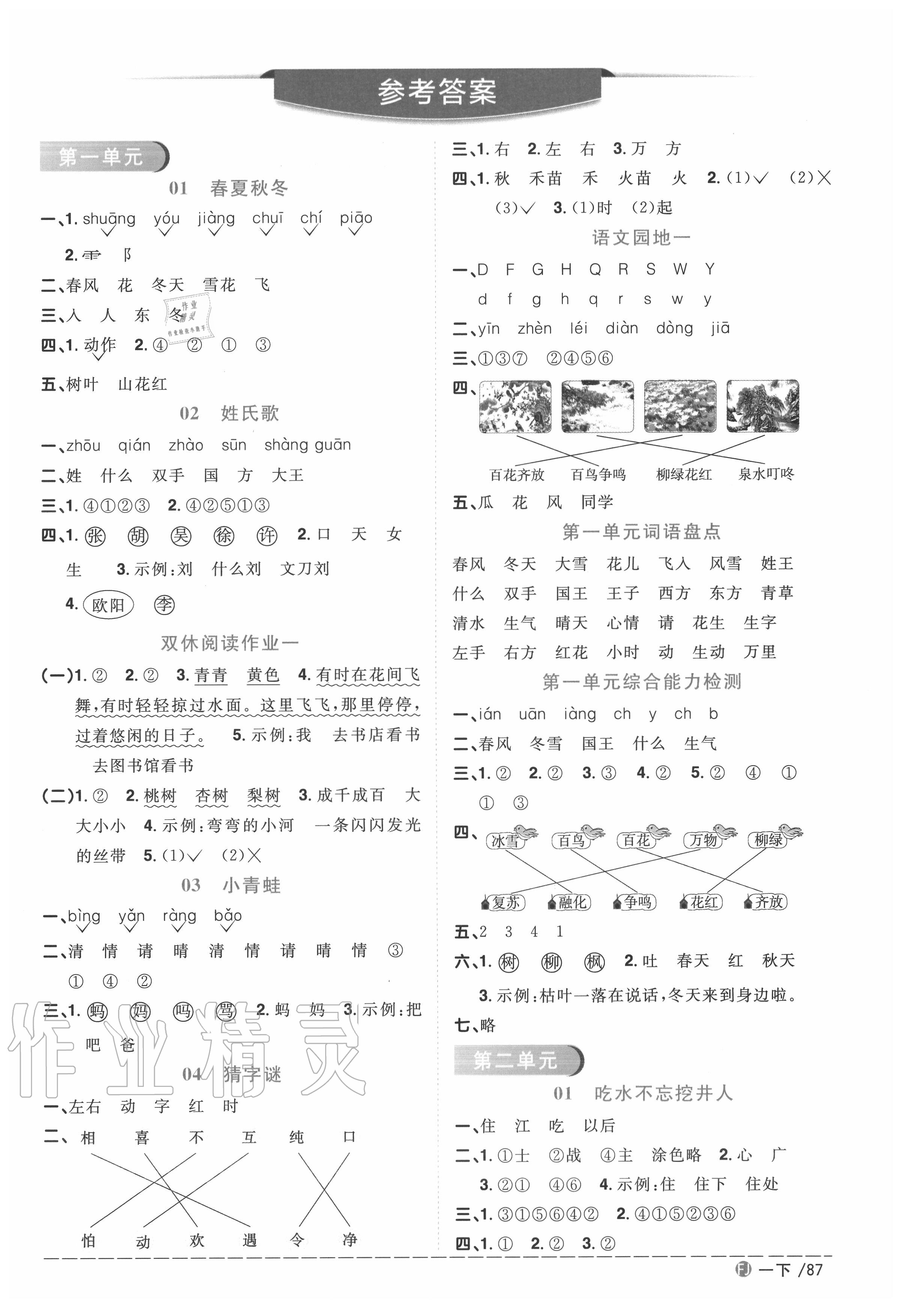 2020年陽光同學課時優(yōu)化作業(yè)一年級語文下冊人教版福建專版 參考答案第1頁