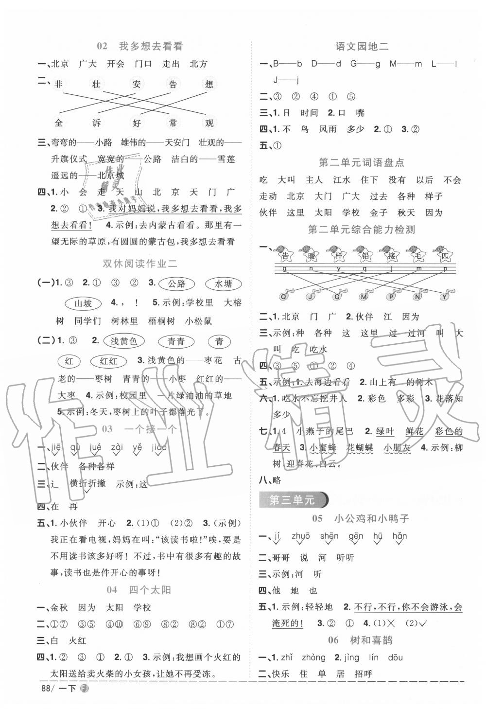 2020年陽光同學(xué)課時(shí)優(yōu)化作業(yè)一年級語文下冊人教版福建專版 參考答案第2頁