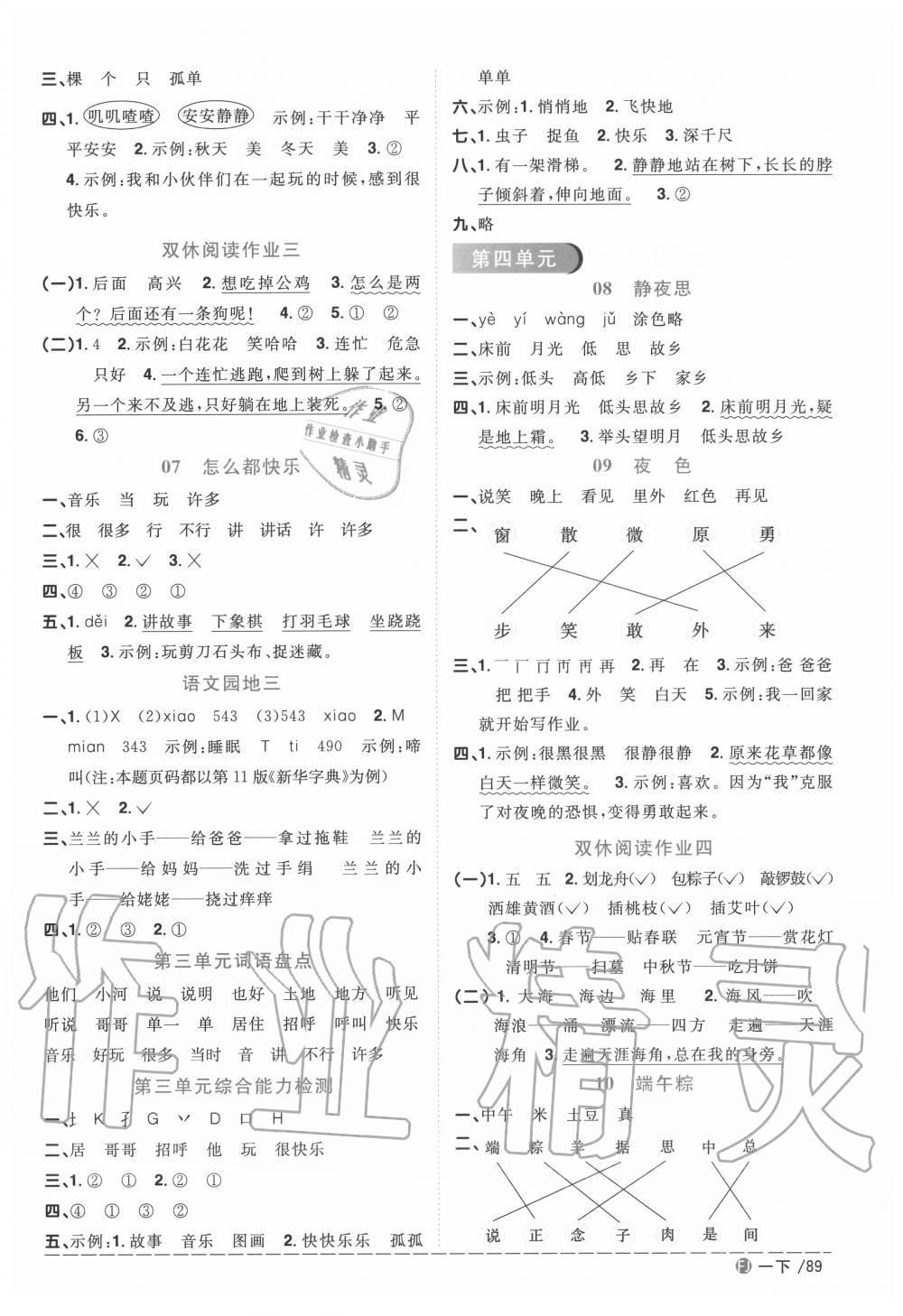 2020年陽光同學(xué)課時優(yōu)化作業(yè)一年級語文下冊人教版福建專版 參考答案第3頁