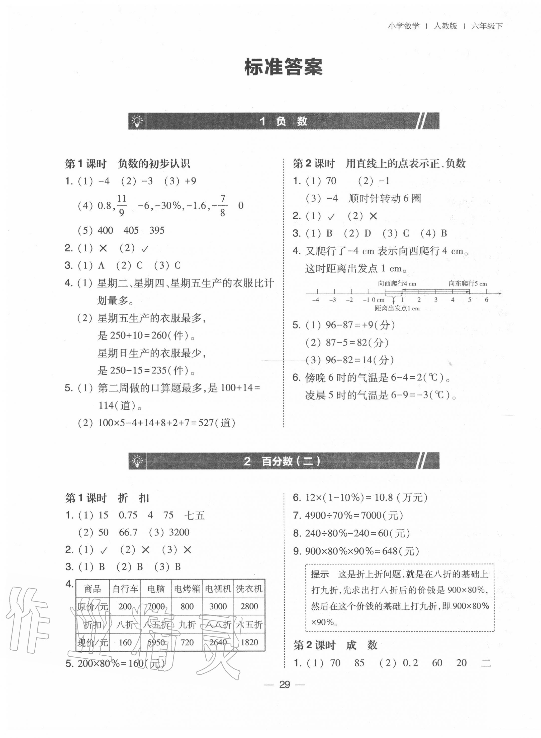 2020年北大绿卡六年级数学下册人教版中山专版 参考答案第1页