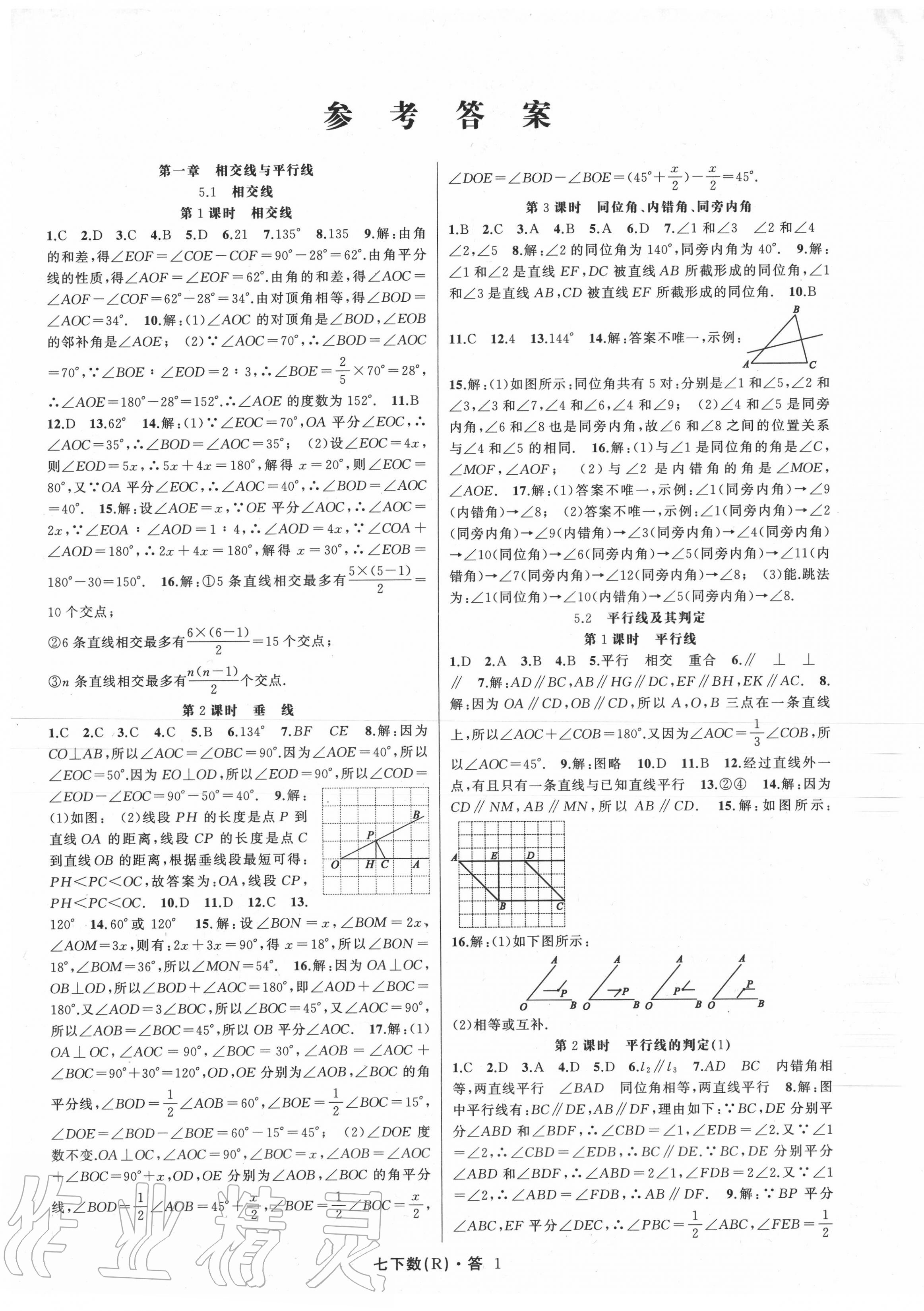 2020年名師面對面滿分特訓方案七年級數(shù)學下冊人教版 參考答案第1頁