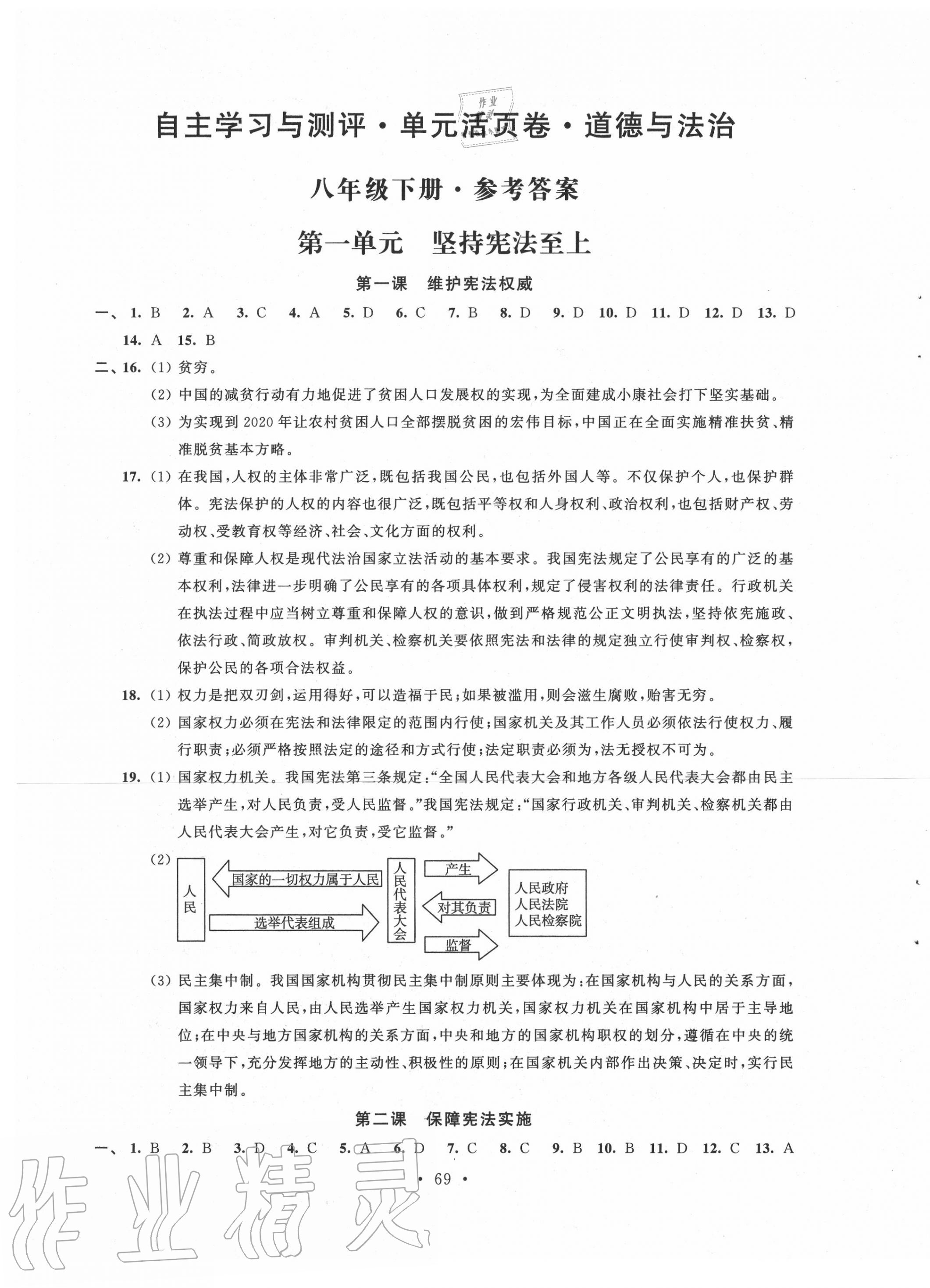 2020年自主學(xué)習(xí)與測評單元活頁卷八年級道德與法治下冊人教版 參考答案第1頁