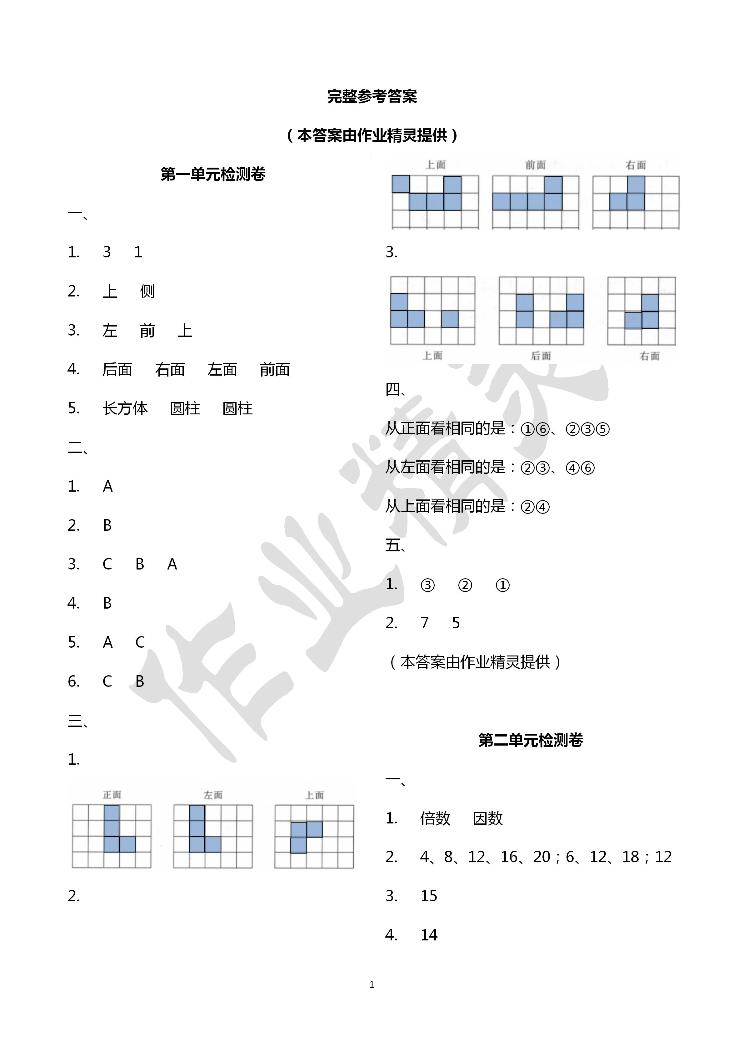 2020年单元检测卷五年级数学下册人教版 第1页