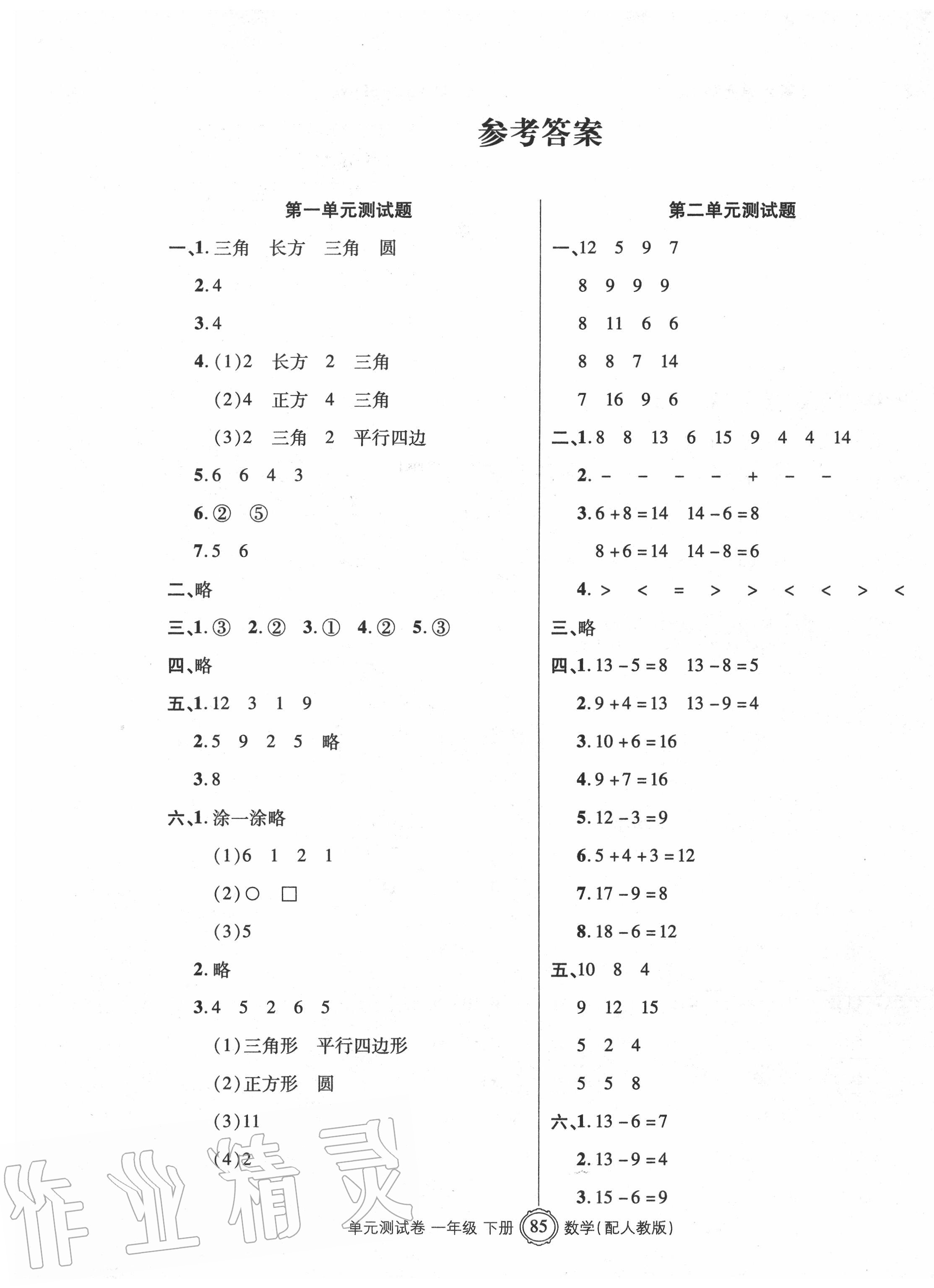 2020年智慧通單元測試卷一年級數(shù)學(xué)下冊人教版 參考答案第1頁