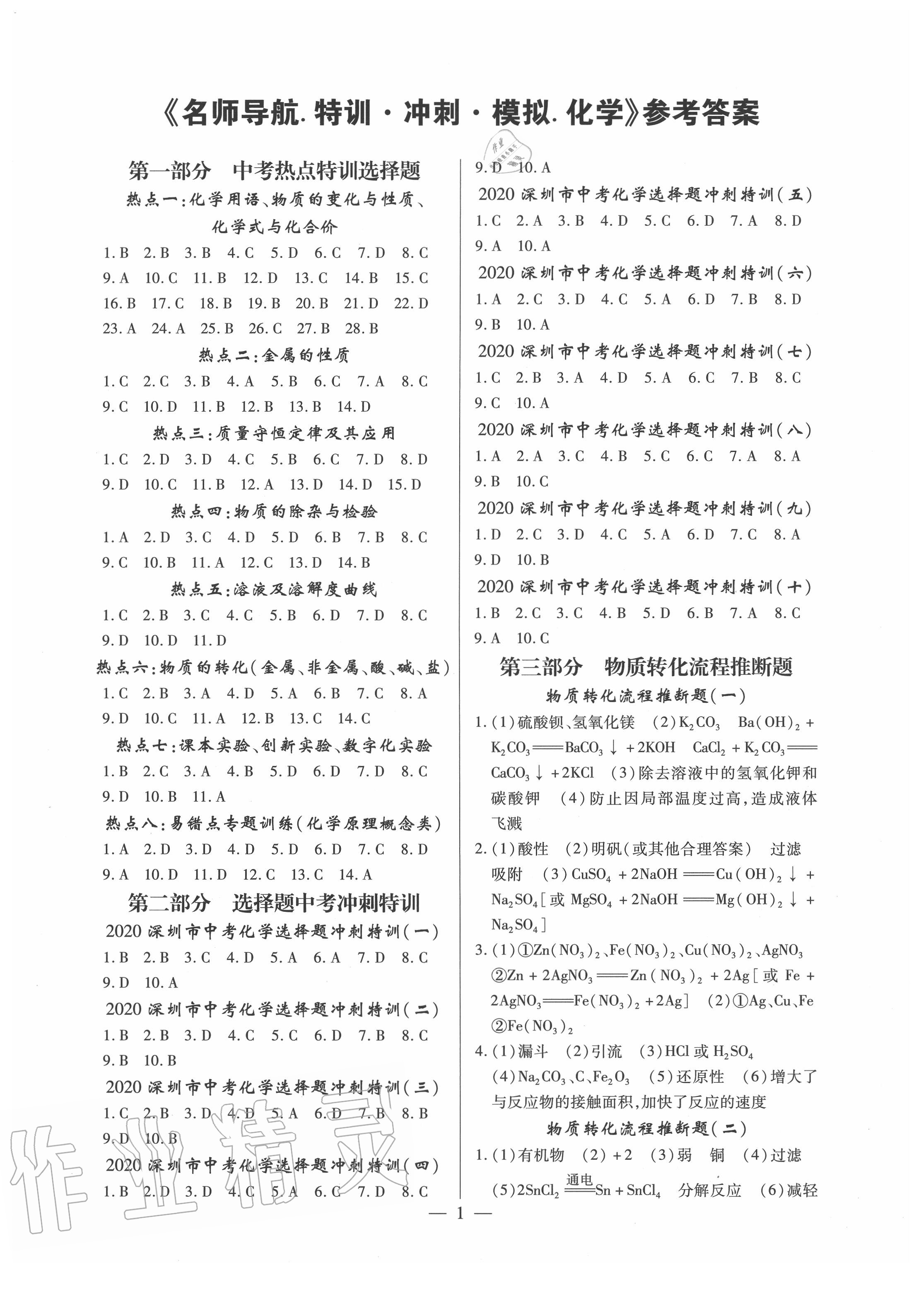 2020年名师导航特训冲刺模拟化学深圳专版 第1页