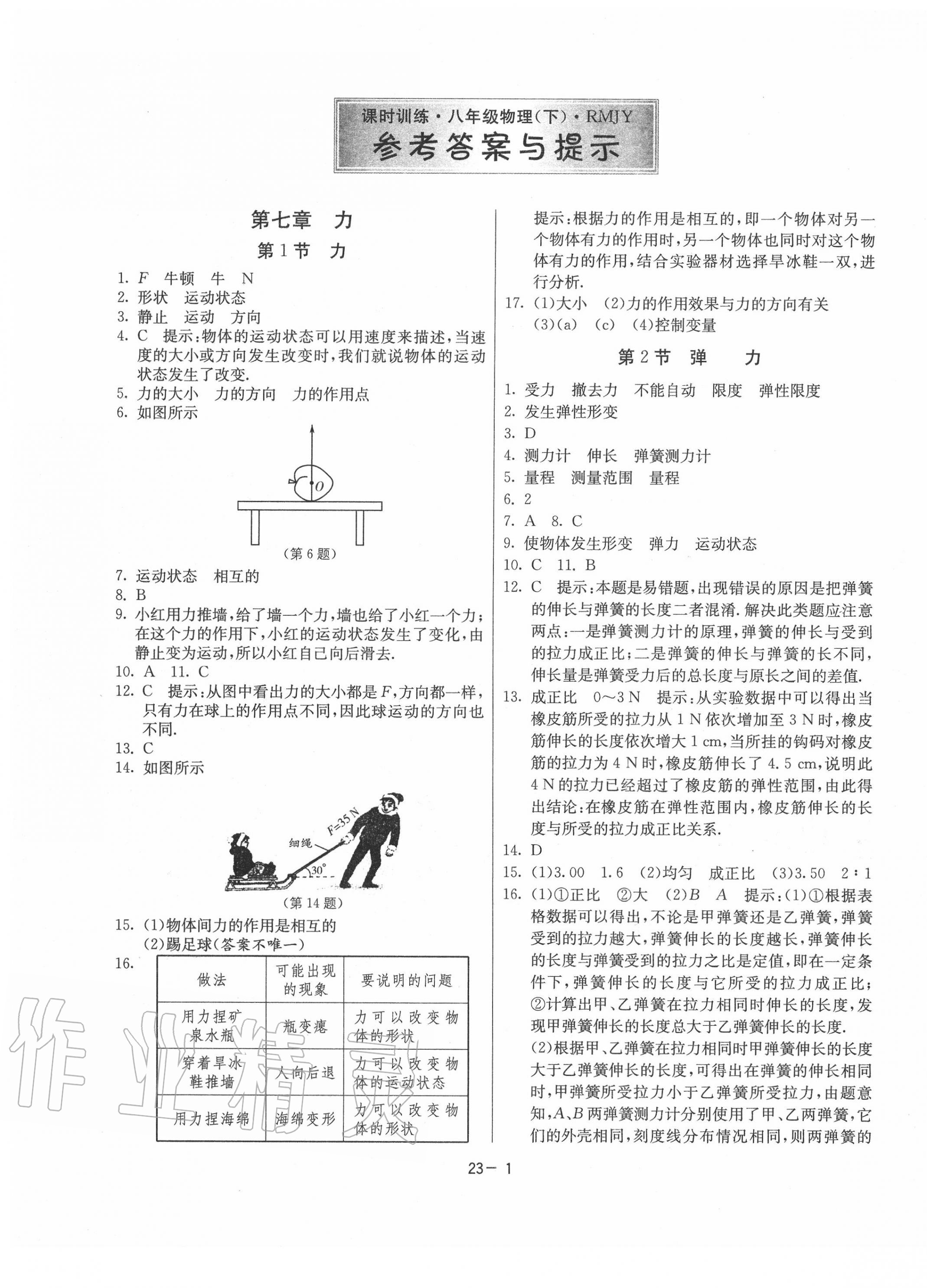 2020年課時訓練社八年級物理下冊人教版江蘇人民出版 參考答案第1頁