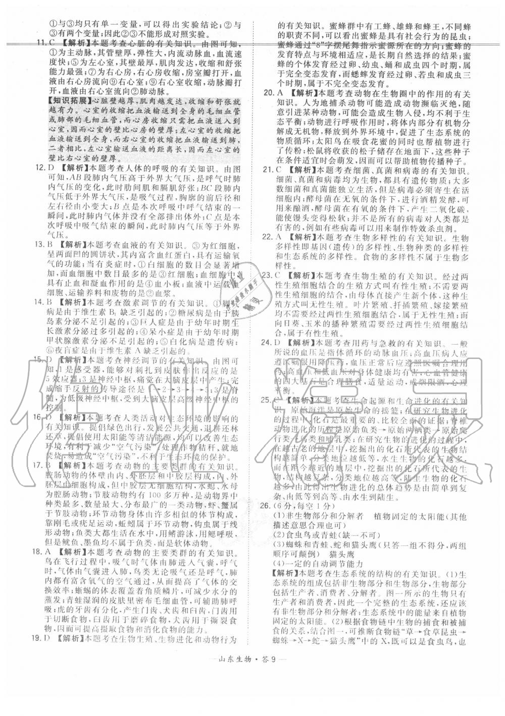 2020年天利38套中考試題精選生物山東專版 參考答案第9頁