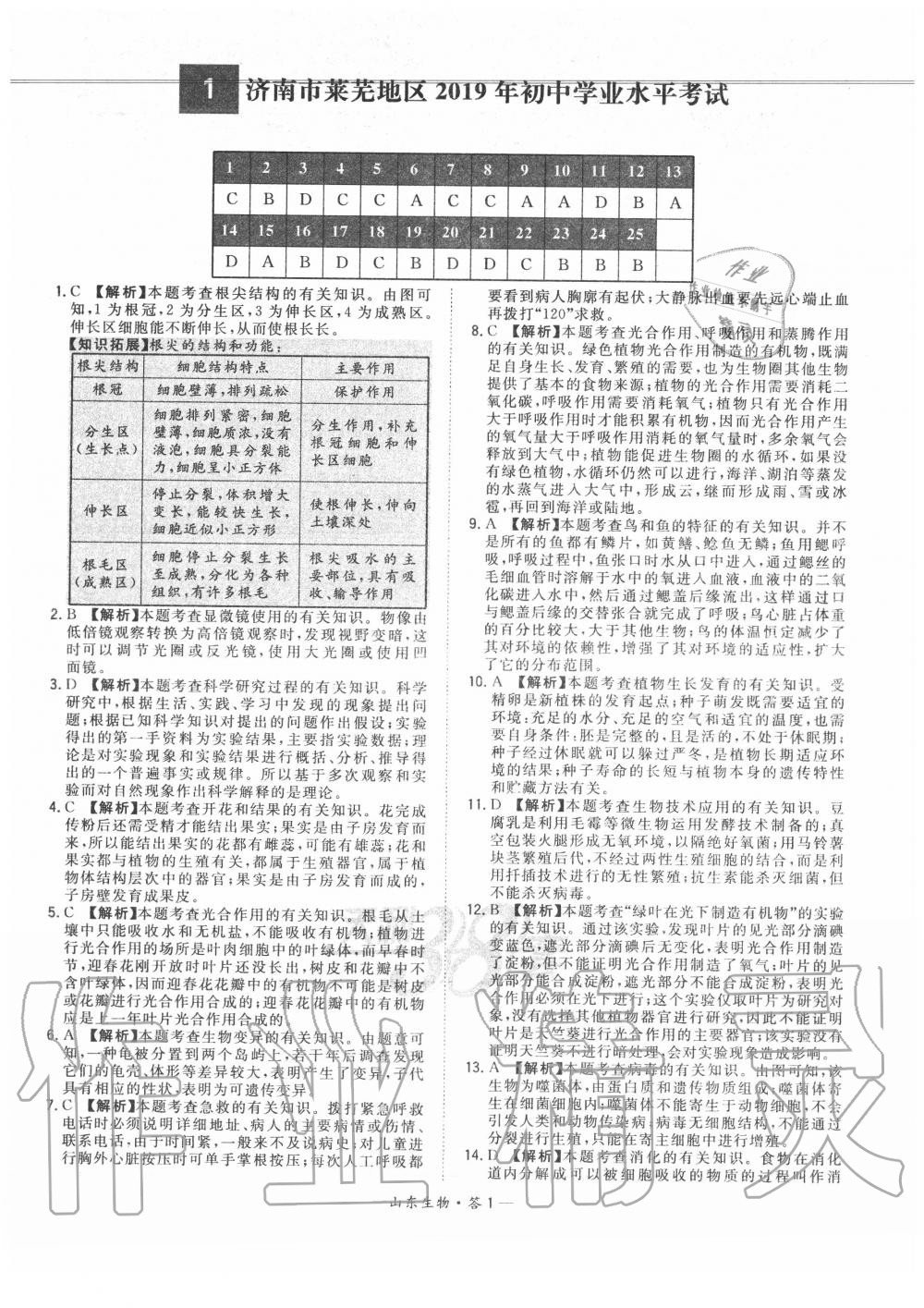 2020年天利38套中考試題精選生物山東專版 參考答案第1頁