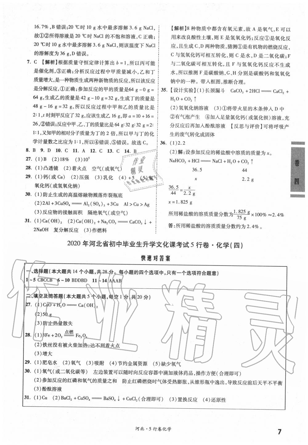 2020年一戰成名5行卷化學河北中考 參考答案第6頁