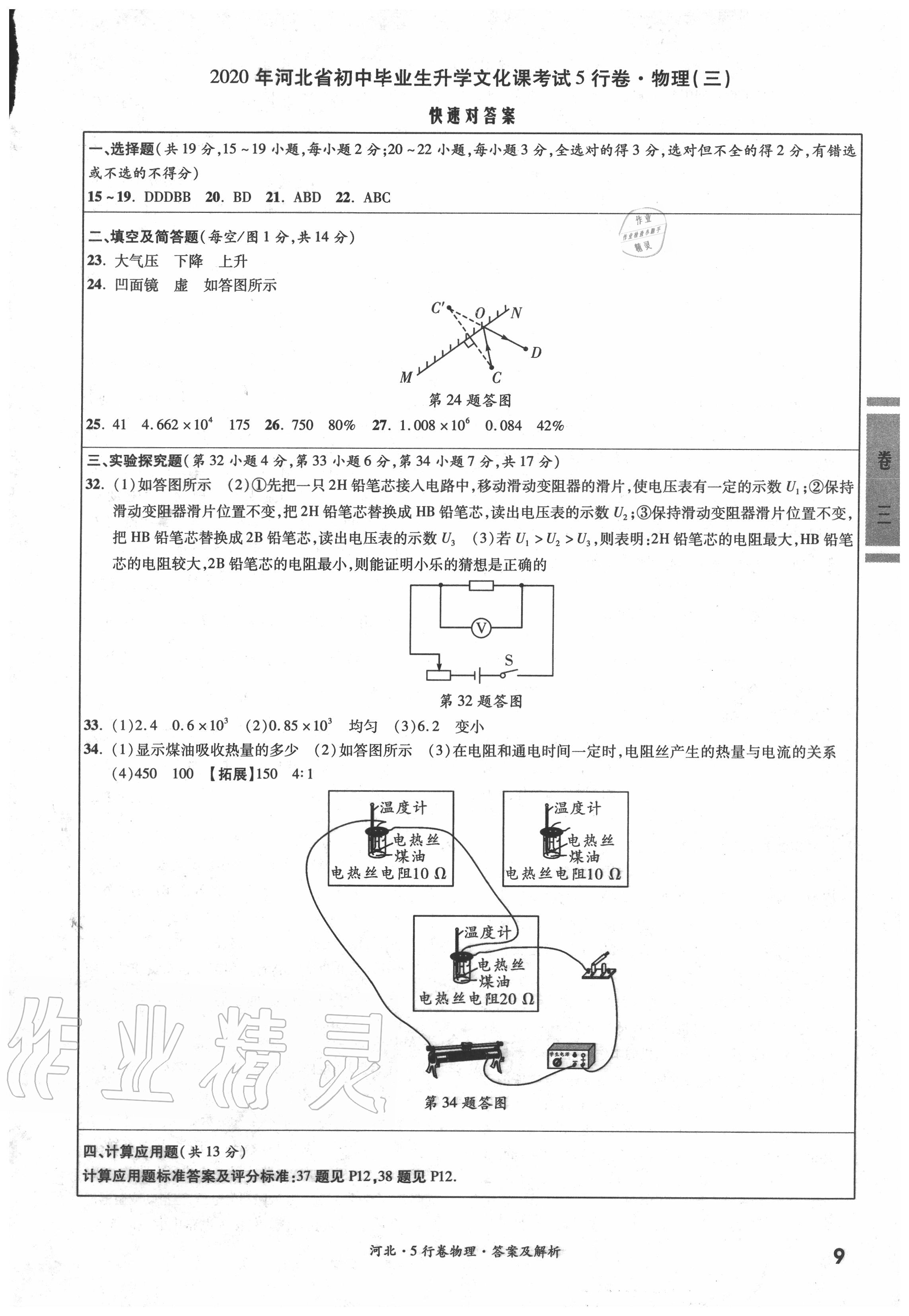 2020年一战成名5行卷物理河北中考 参考答案第8页