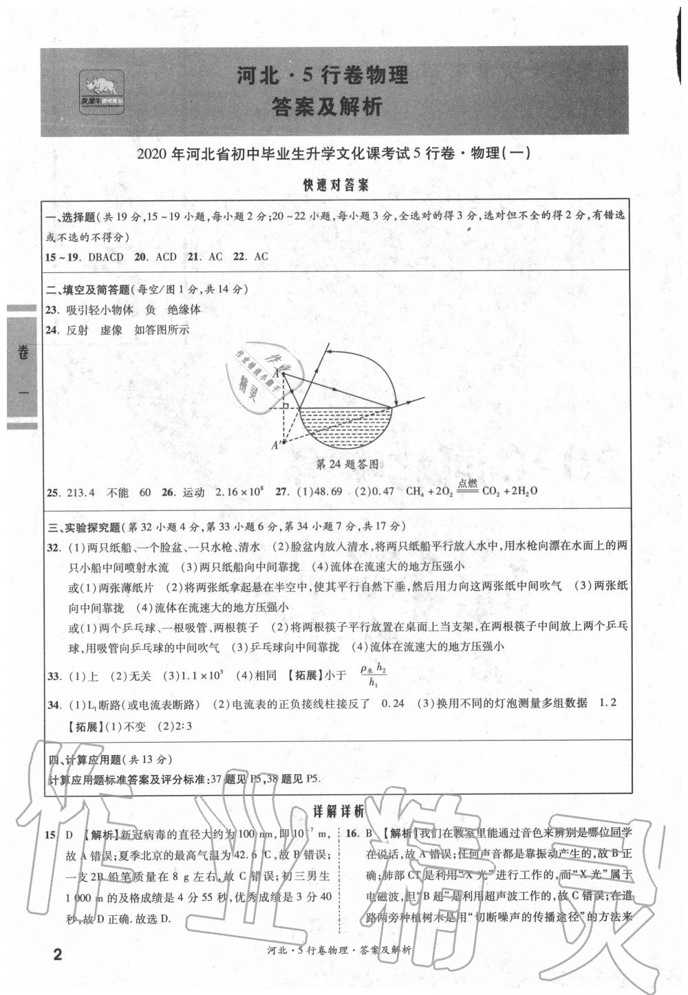 2020年一战成名5行卷物理河北中考 参考答案第1页