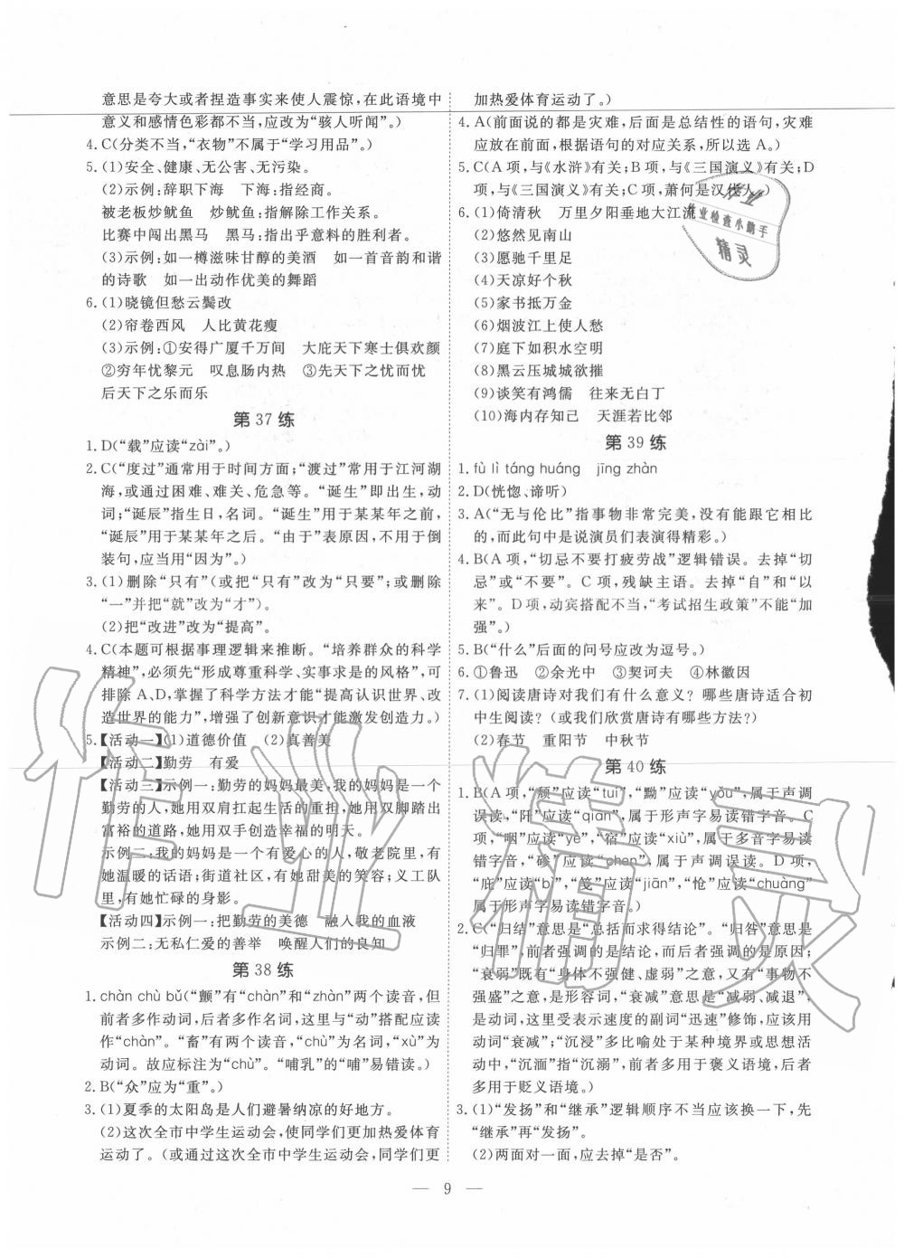 2020年一飛沖天中考語文基礎知識強化訓練 參考答案第9頁