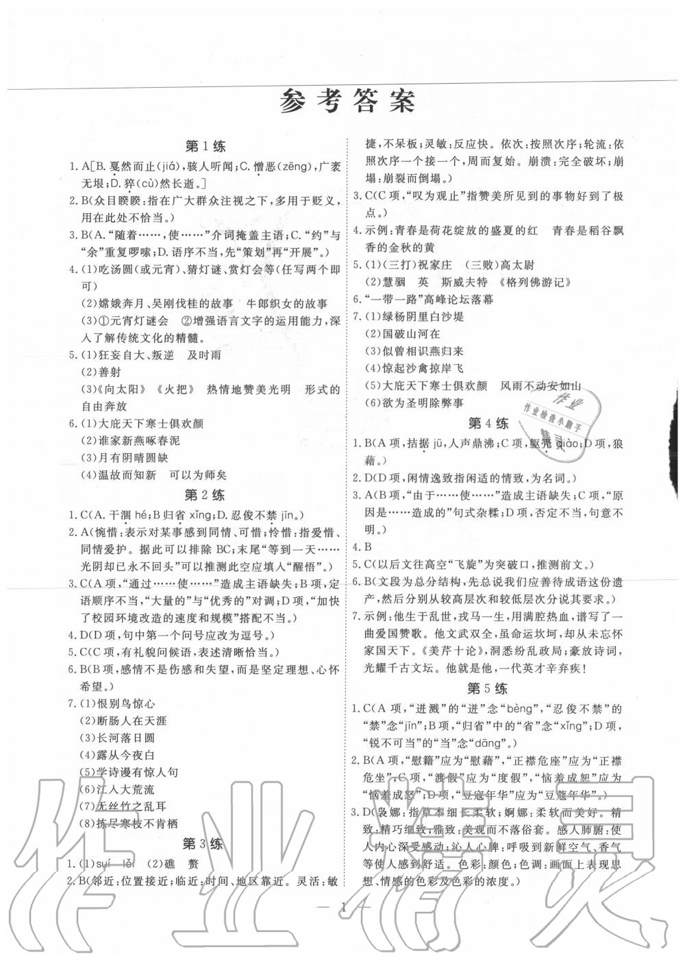 2020年一飛沖天中考語文基礎知識強化訓練 參考答案第1頁