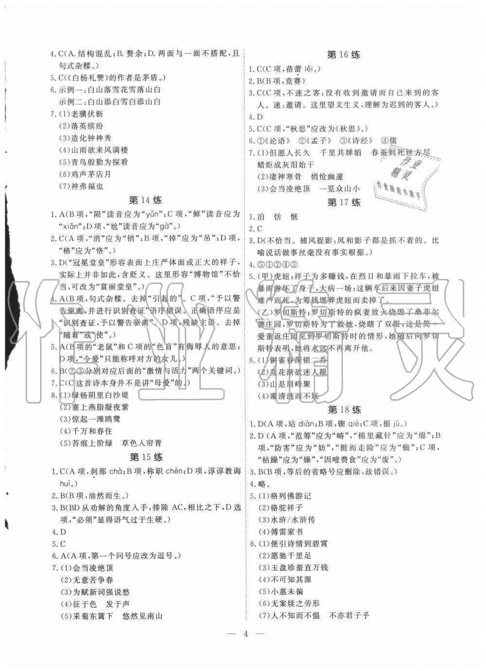 2020年一飛沖天中考語文基礎(chǔ)知識(shí)強(qiáng)化訓(xùn)練 參考答案第4頁