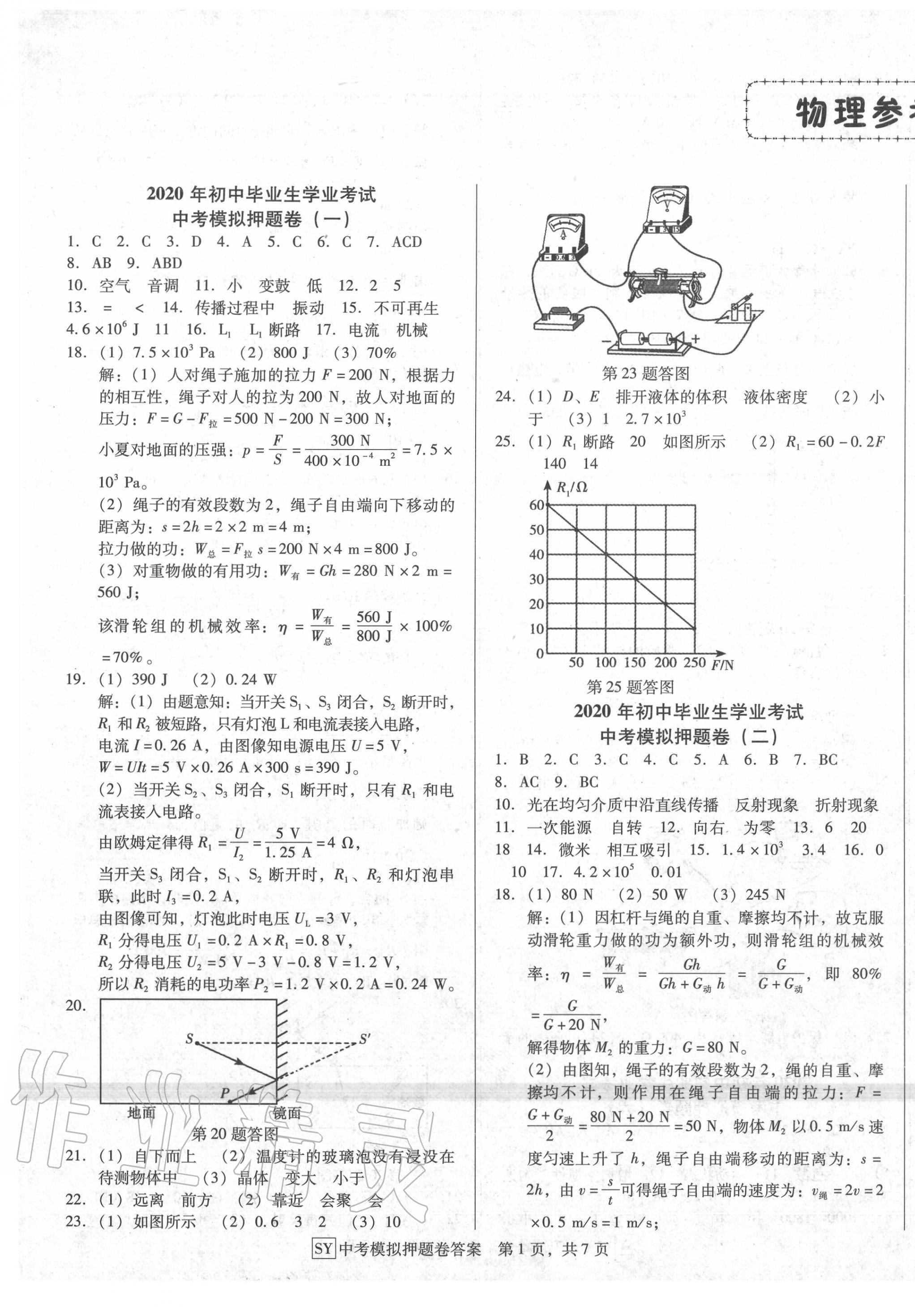 2020年金卷1號(hào)中考模擬押題卷物理 參考答案第1頁