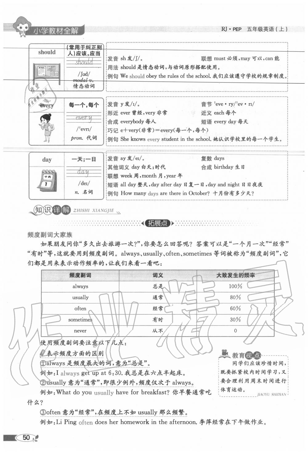 2020年教材課本五年級英語上冊人教PEP版 參考答案第50頁