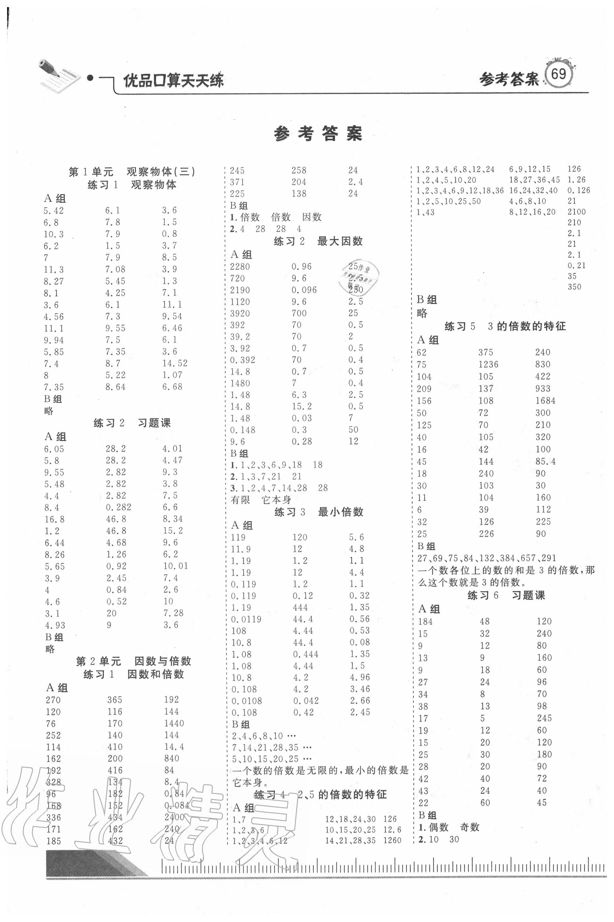 2020年口算題卡五年級數(shù)學(xué)下冊人教版北京婦女兒童出版社 第1頁