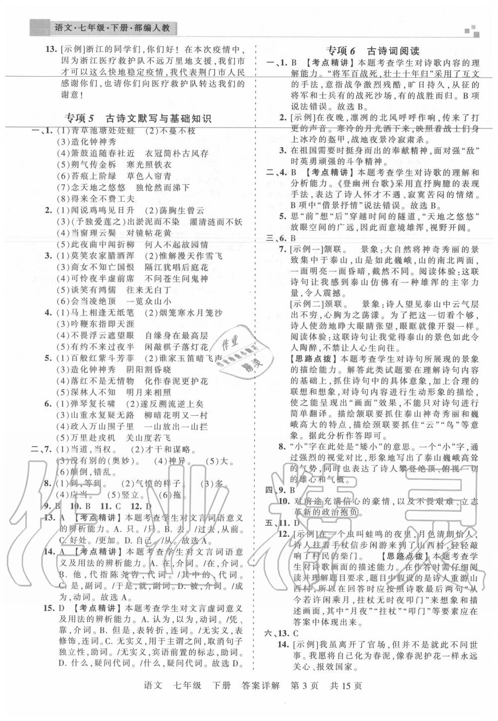 2020年王朝霞各地期末試卷精選七年級(jí)語文下冊(cè)人教版湖北專版 參考答案第3頁