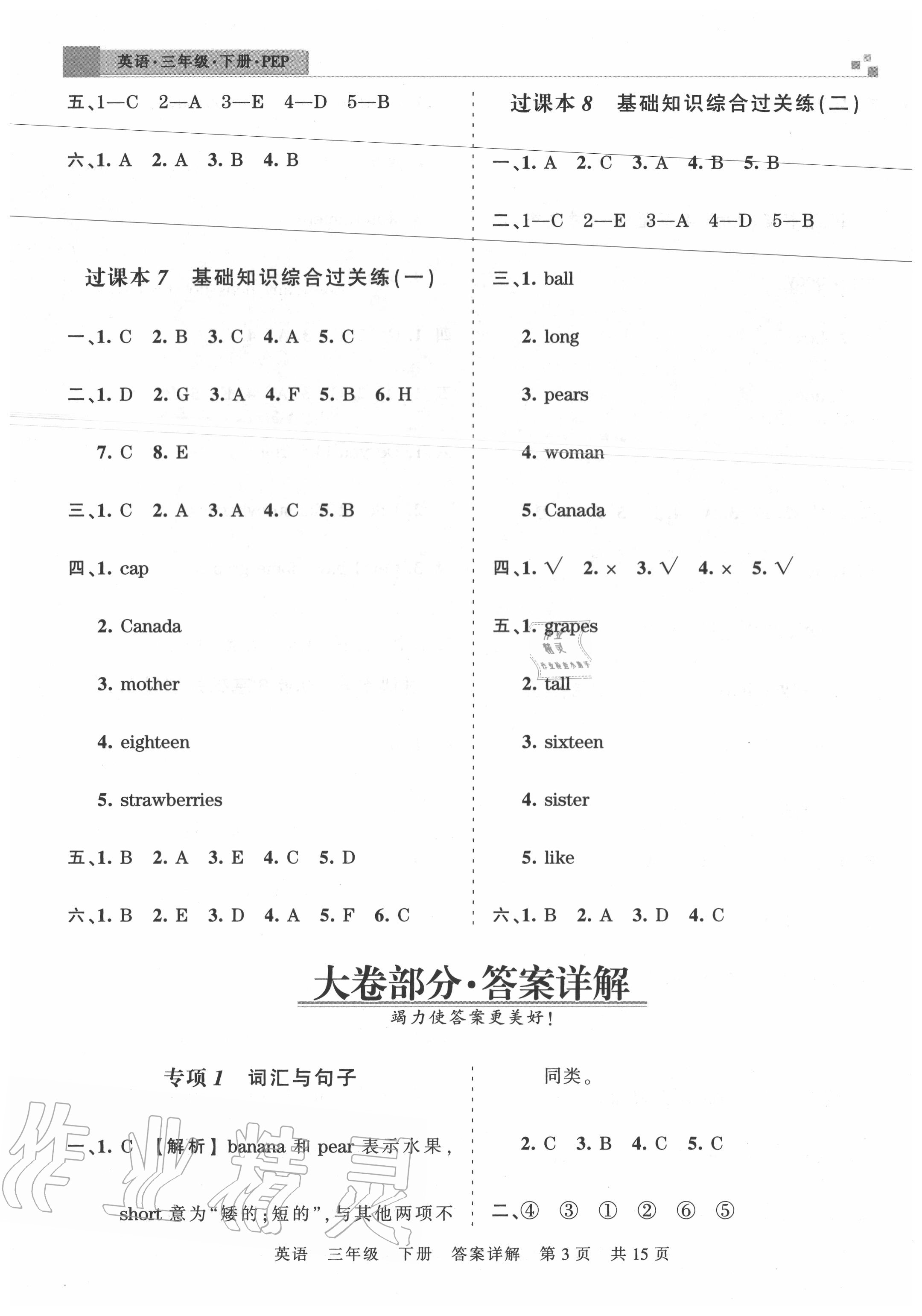 2020年王朝霞各地期末試卷精選三年級(jí)英語下冊(cè)人教PEP版湖北專版 參考答案第3頁