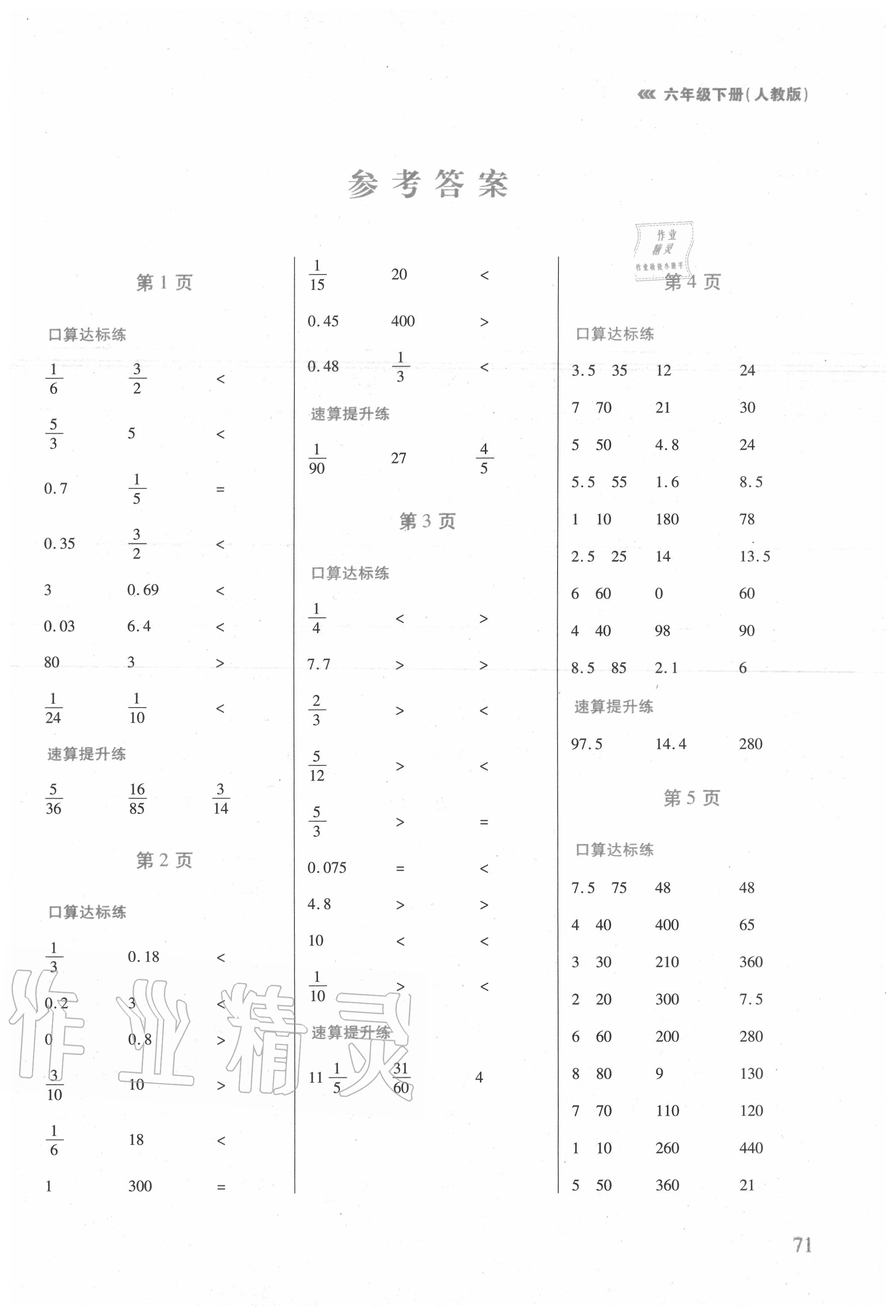 2020年口算速算天天練六年級(jí)下冊(cè)人教版 第1頁(yè)